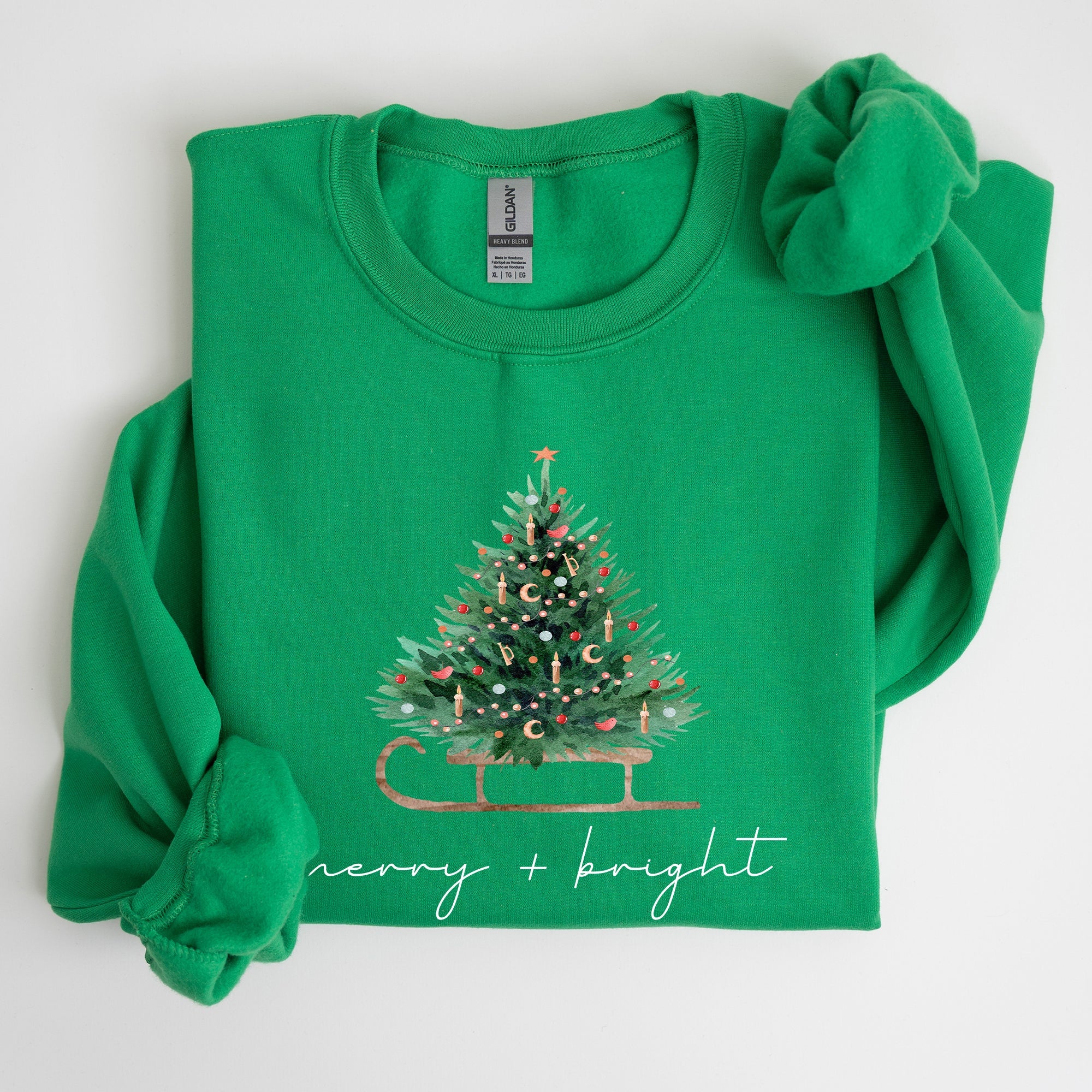 Merry And Bright Holiday Sleigh And Christmas Tree Winter Snow Xmas Scene Sweatshirt