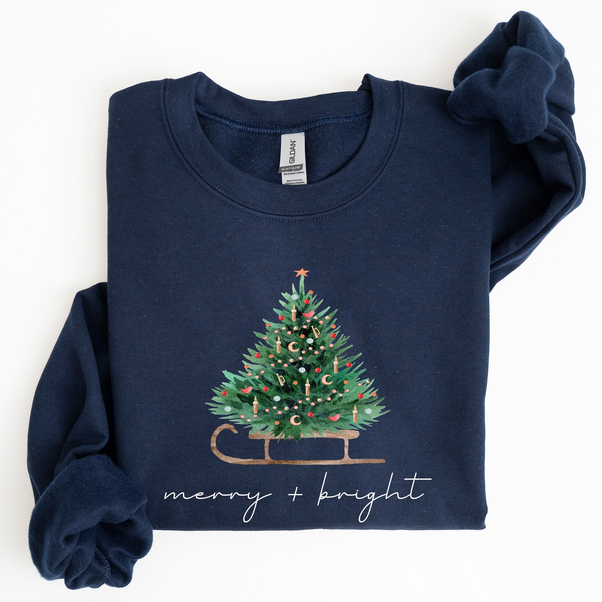 Merry And Bright Holiday Sleigh And Christmas Tree Winter Snow Xmas Scene Sweatshirt