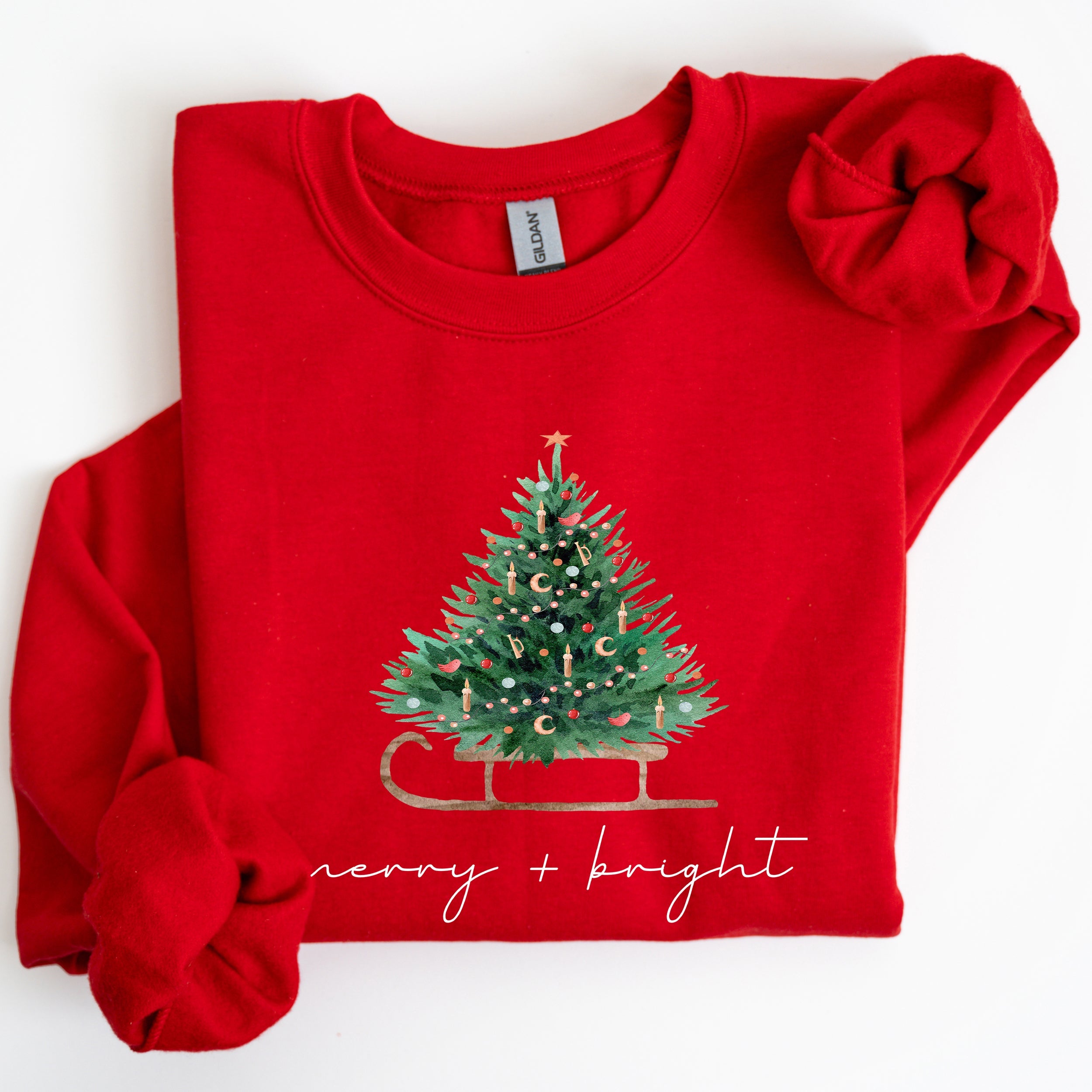 Merry And Bright Holiday Sleigh And Christmas Tree Winter Snow Xmas Scene Sweatshirt