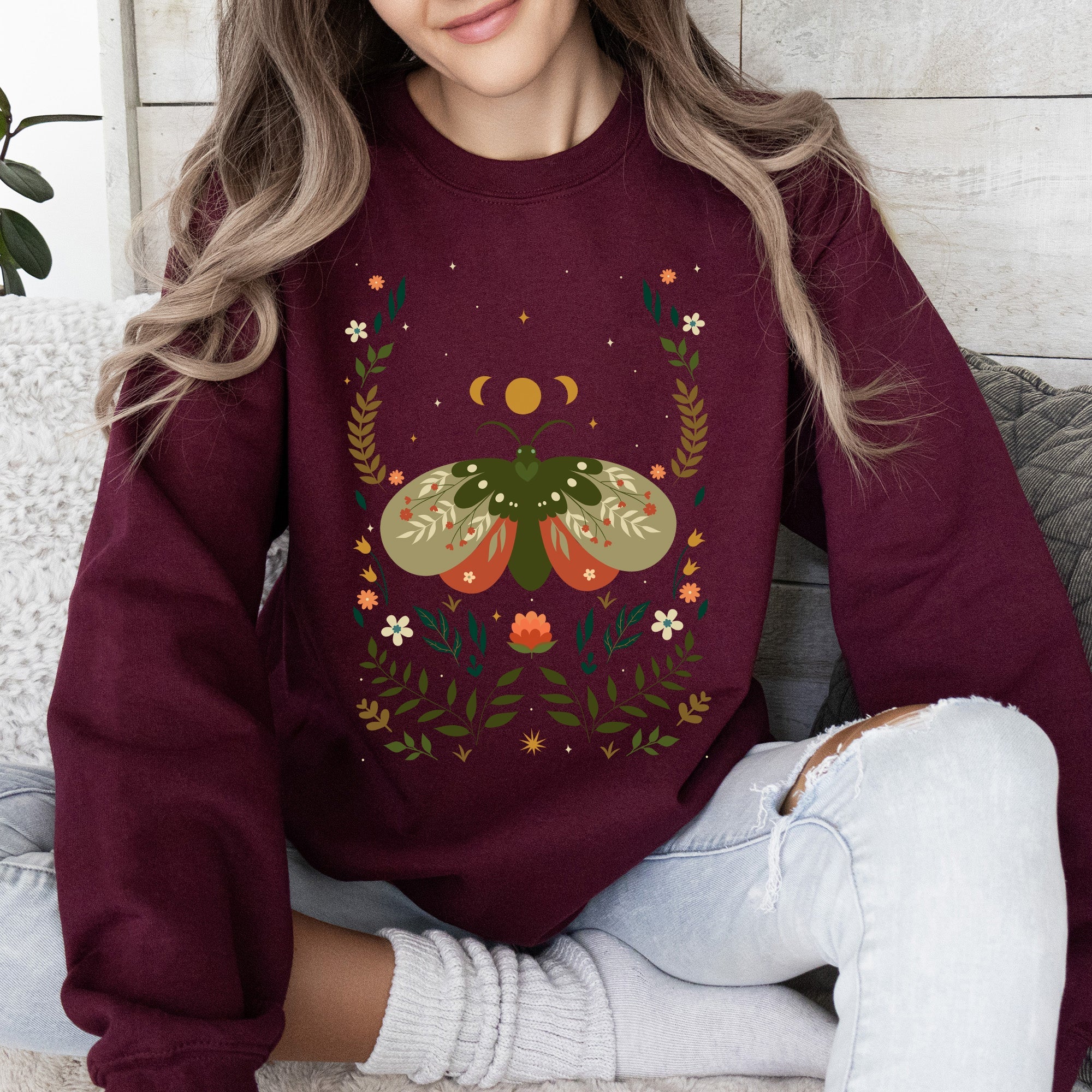 Midnight Garden Dance Moth Moon Floral Print Night Garden Dreamy Nature Art Sweatshirt