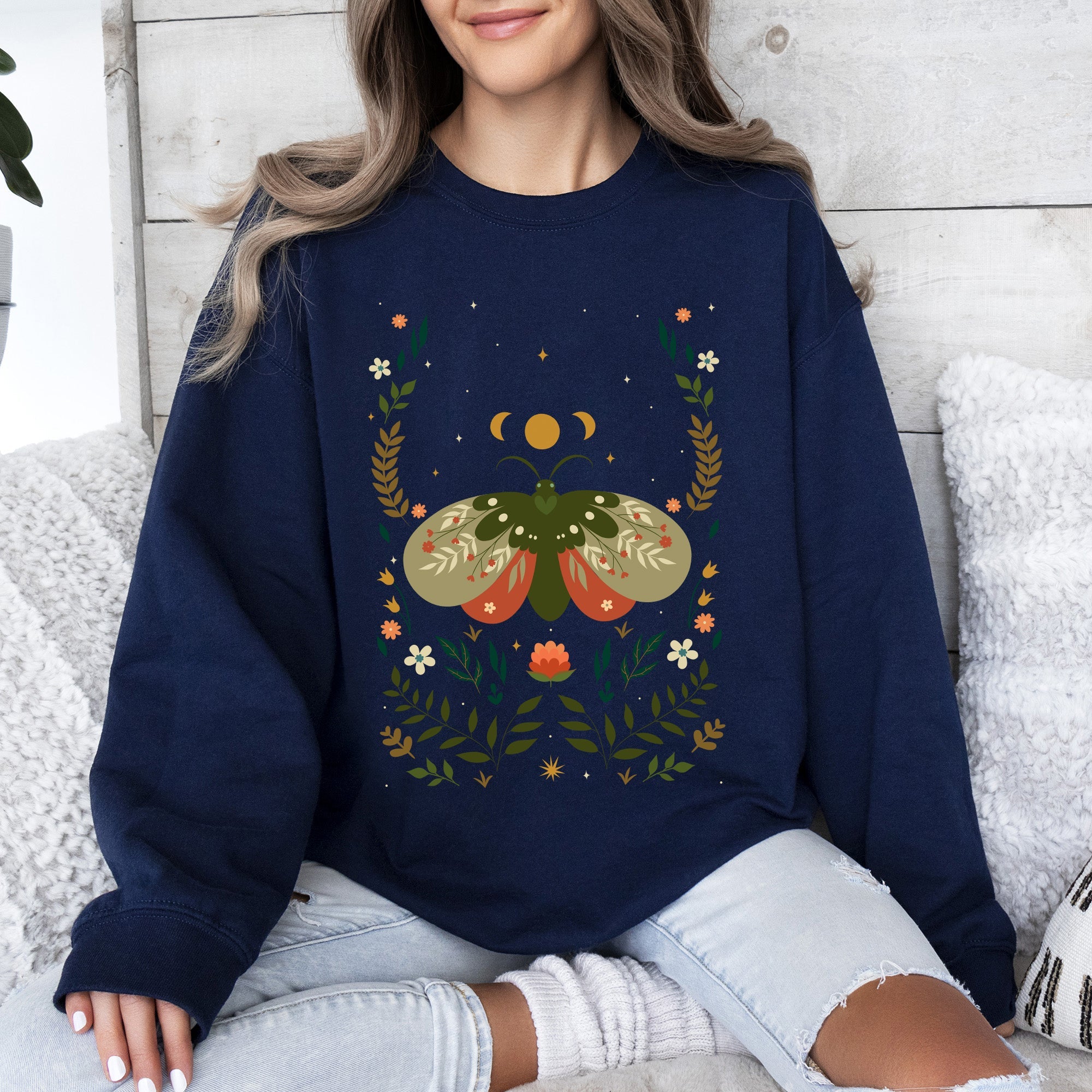 Midnight Garden Dance Moth Moon Floral Print Night Garden Dreamy Nature Art Sweatshirt