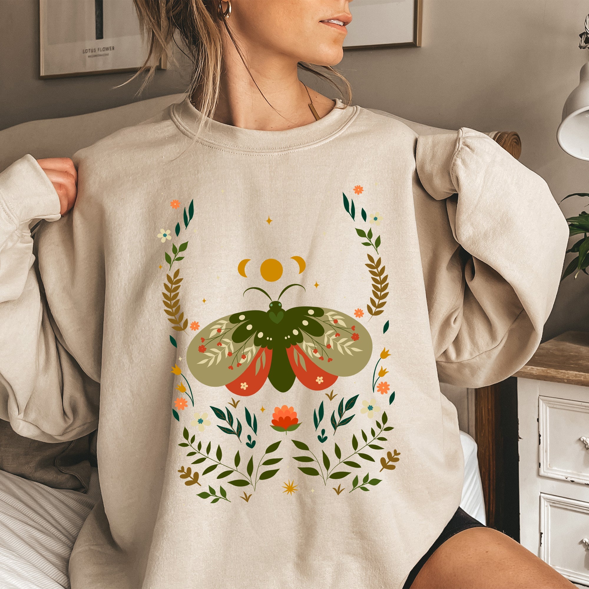 Midnight Garden Dance Moth Moon Floral Print Night Garden Dreamy Nature Art Sweatshirt