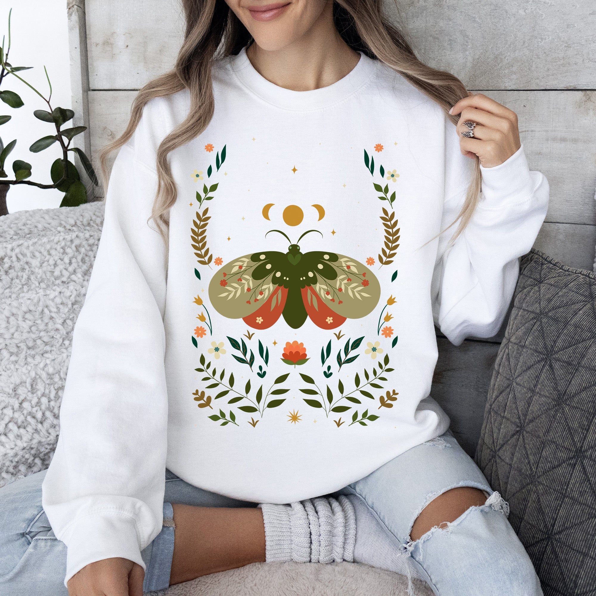 Midnight Garden Dance Moth Moon Floral Print Night Garden Dreamy Nature Art Sweatshirt