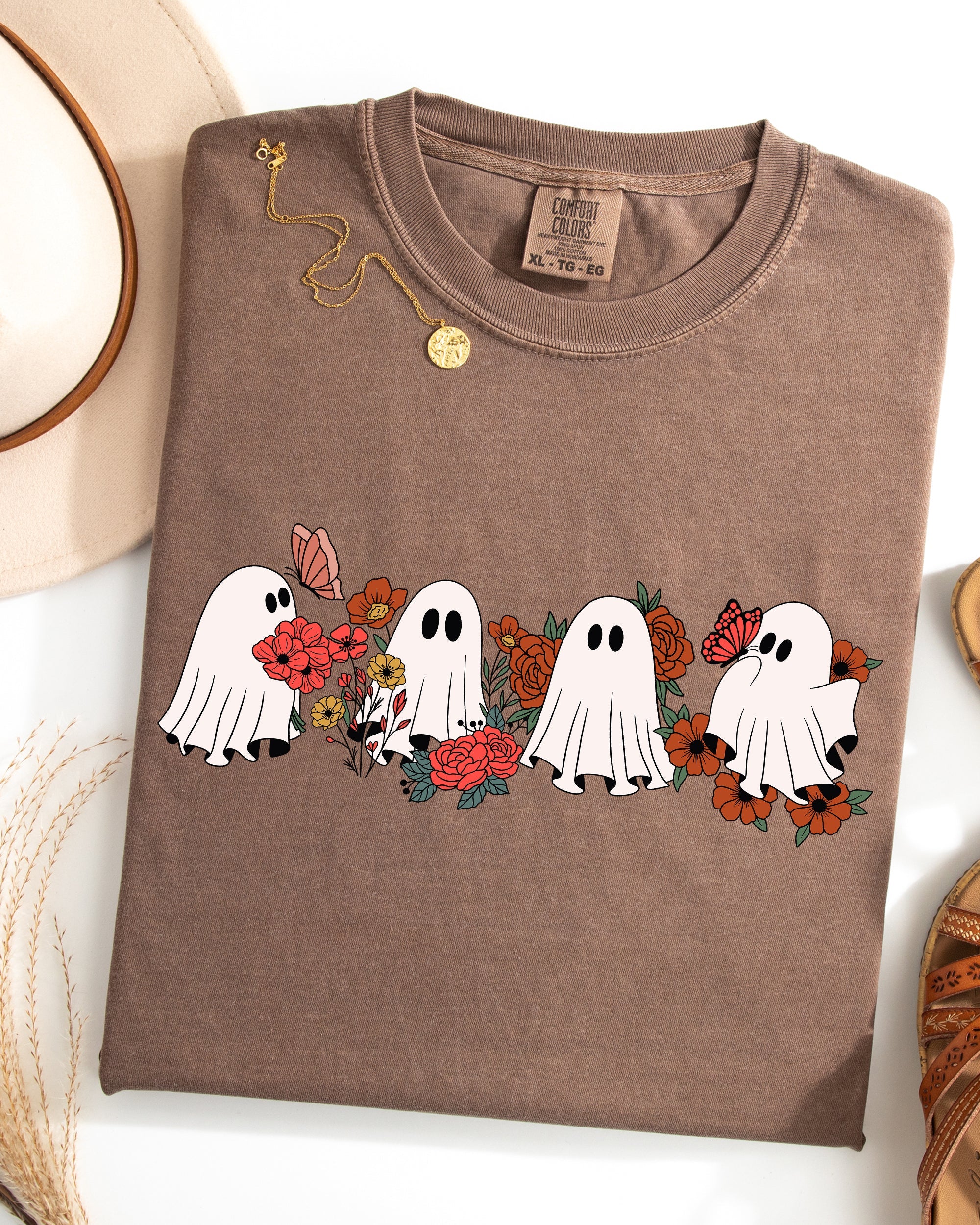 Mini Halloween Ghosts Floral Garden Print With Autumn Flowers And Spooky Cozy Vibes Comfort Colors Tee