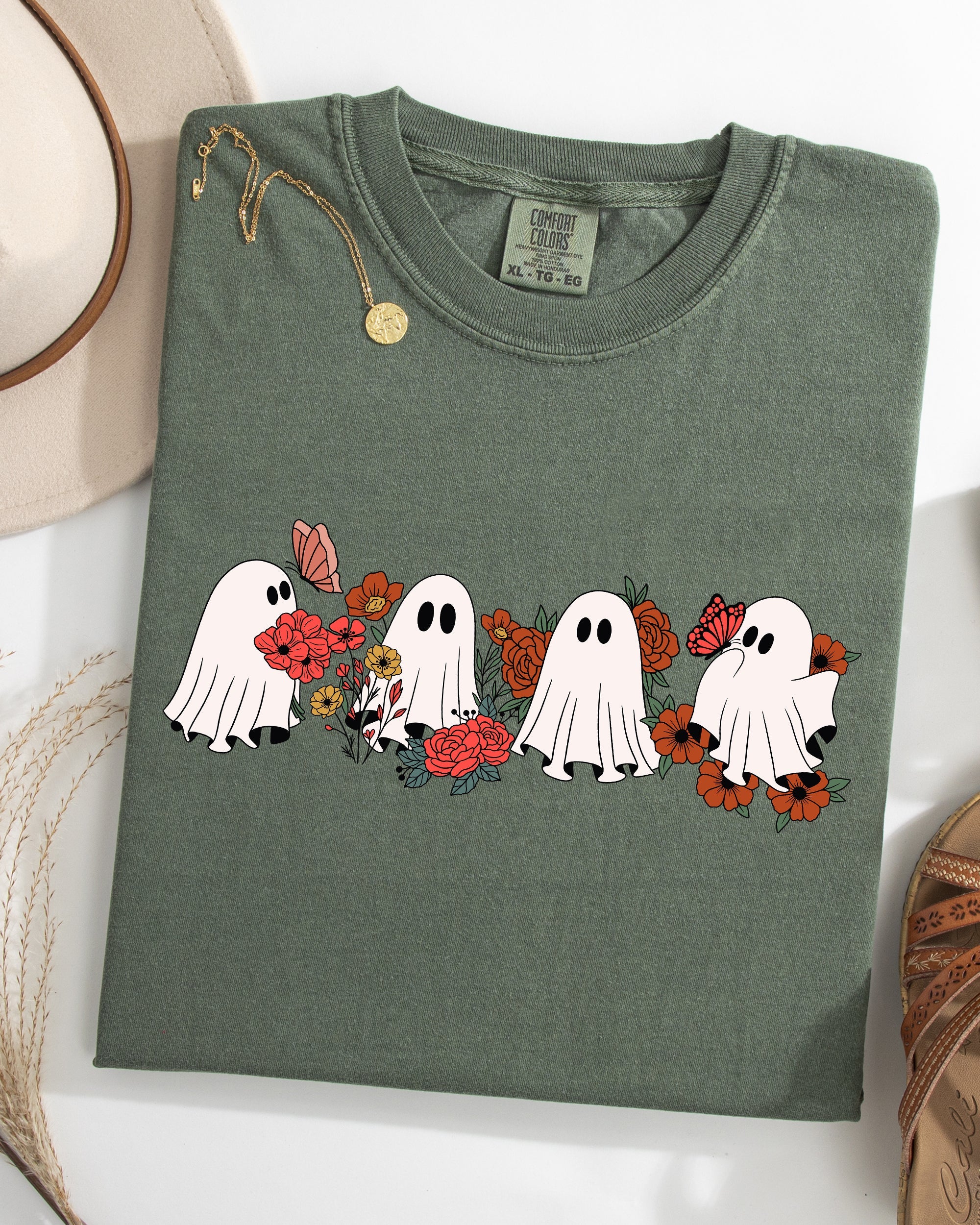 Mini Halloween Ghosts Floral Garden Print With Autumn Flowers And Spooky Cozy Vibes Comfort Colors Tee