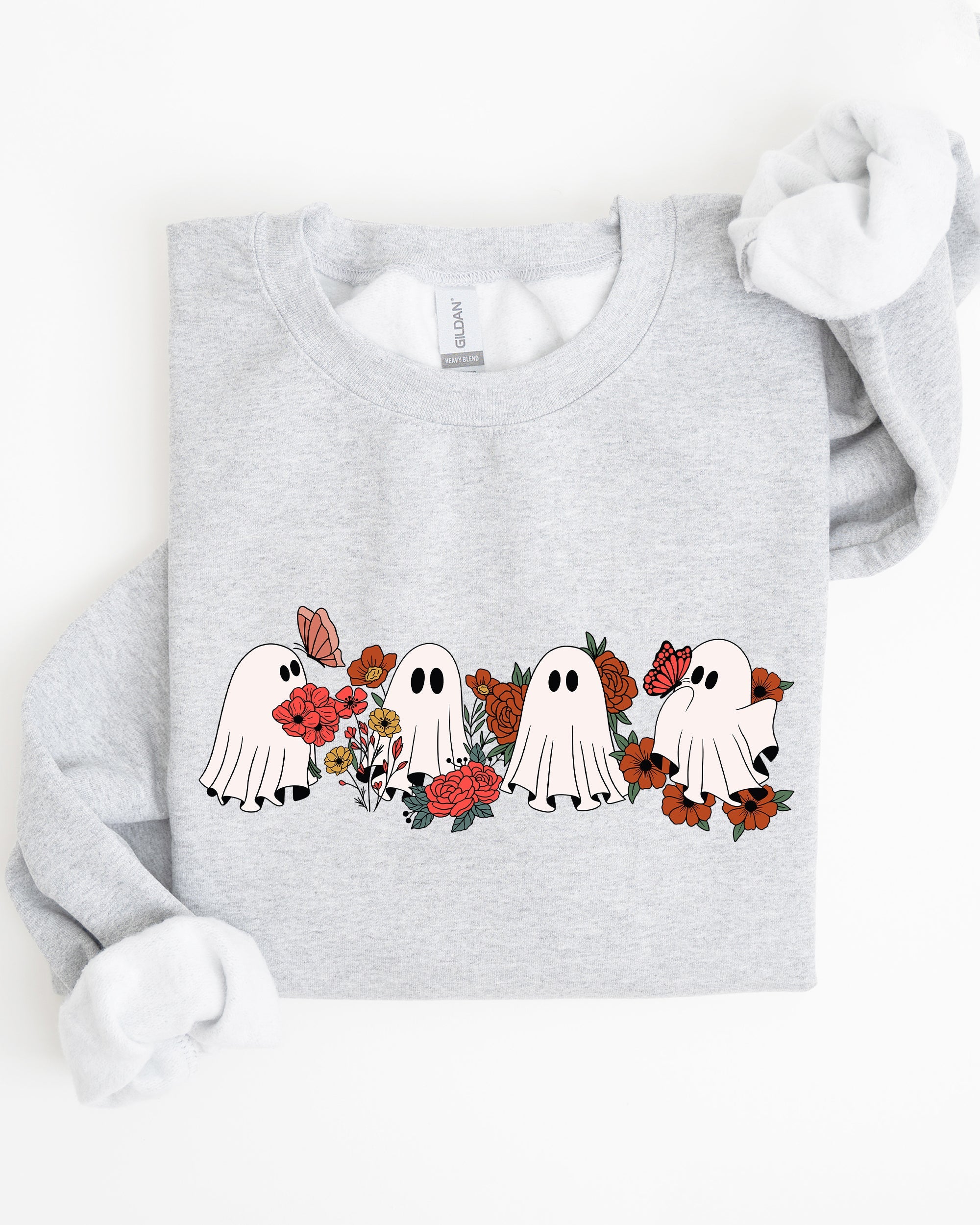 Mini Halloween Ghosts Cute Floral Garden Autumnal Patchwork Cozy Seasonal Print With Flowers And Ghosts Sweatshirt