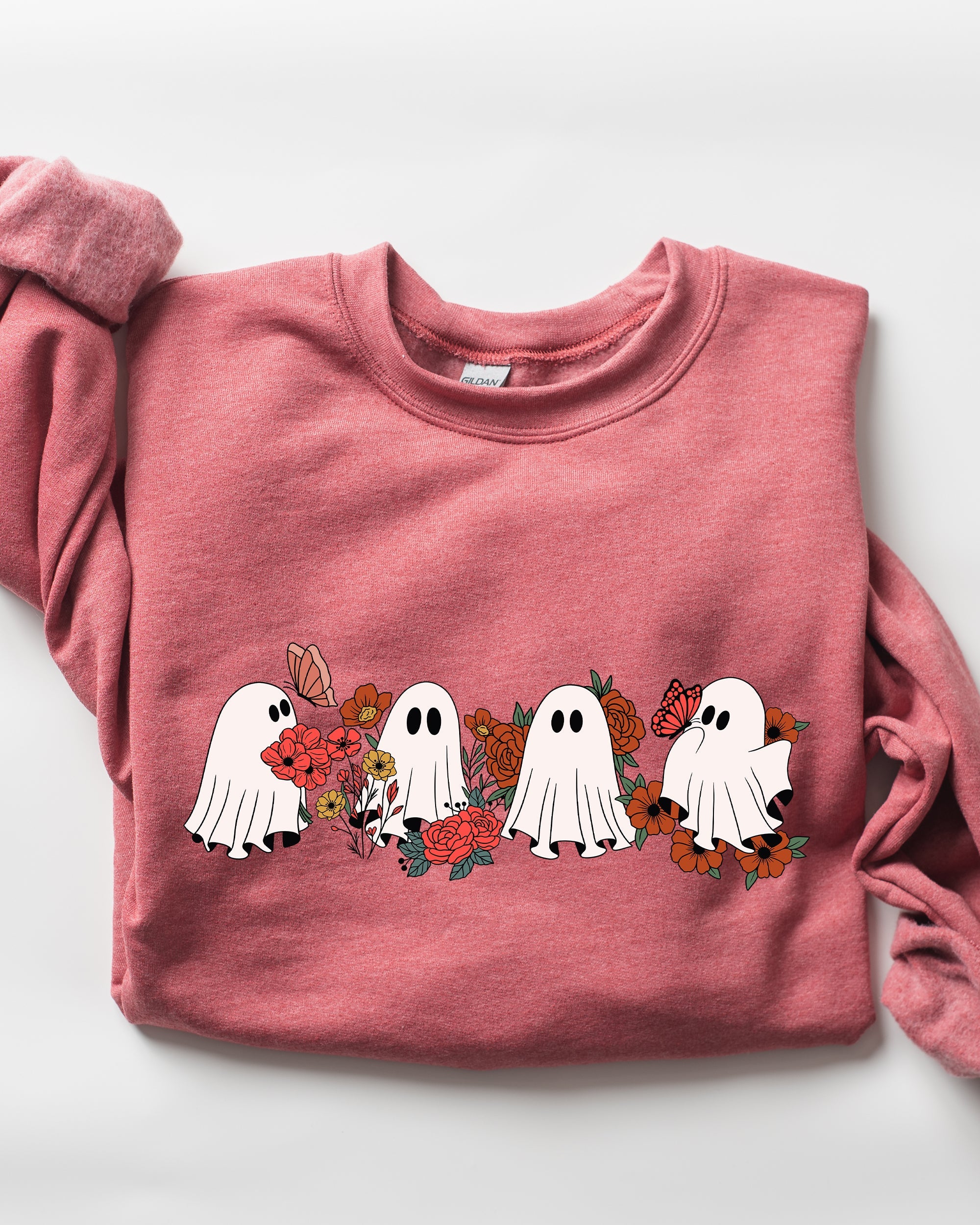 Mini Halloween Ghosts Cute Floral Garden Autumnal Patchwork Cozy Seasonal Print With Flowers And Ghosts Sweatshirt