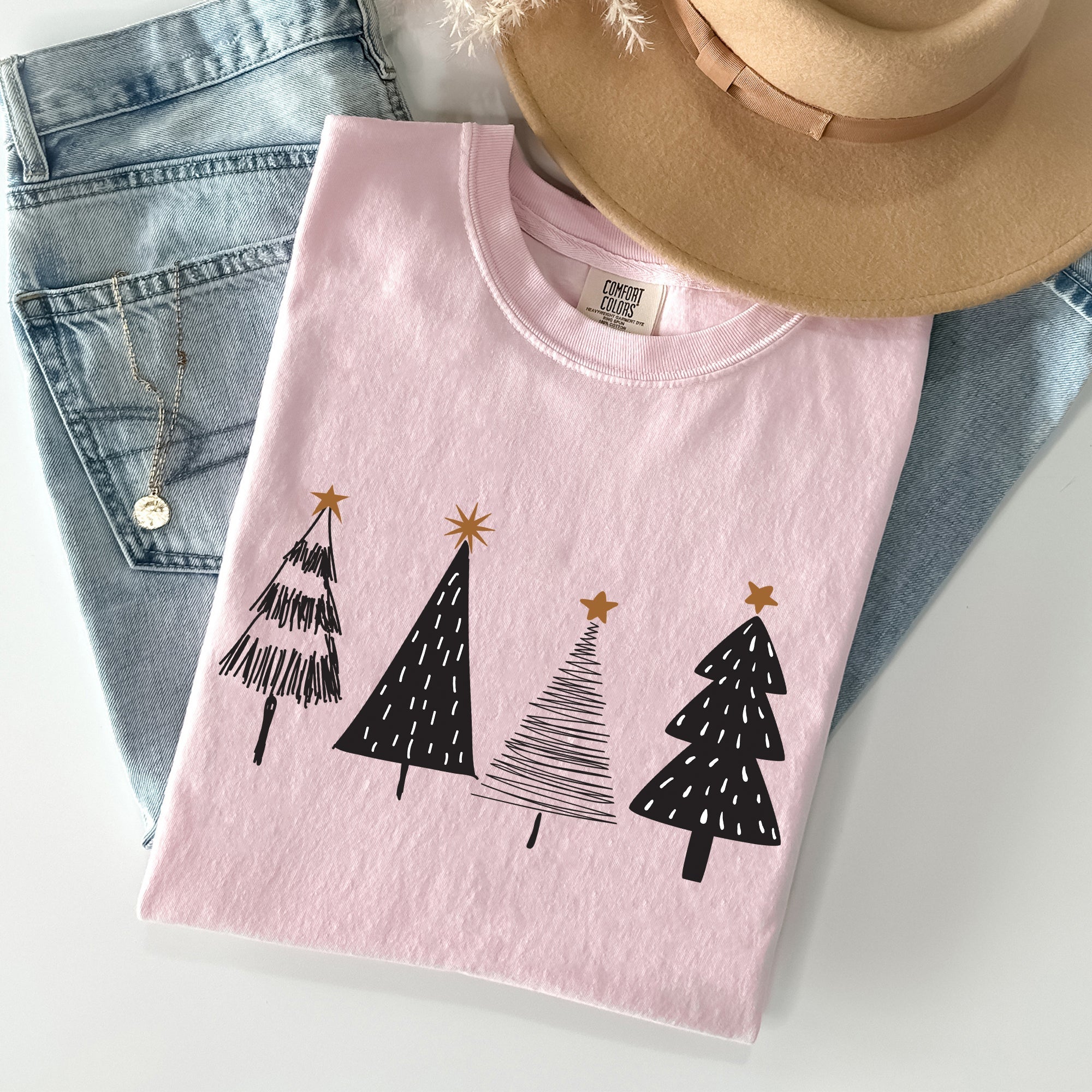 Minimalist Christmas Trees Winter Snow Santa Holiday Scene Nordic Winter Nights Cozy Atmosphere Comfort Colors Tee
