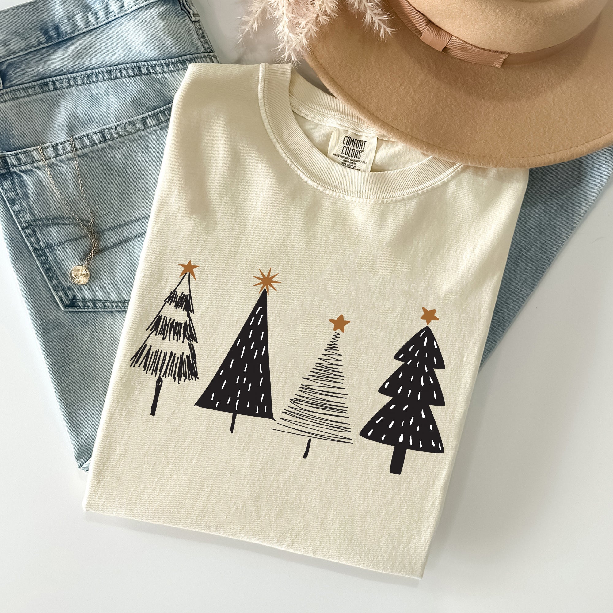 Minimalist Christmas Trees Winter Snow Santa Holiday Scene Nordic Winter Nights Cozy Atmosphere Comfort Colors Tee