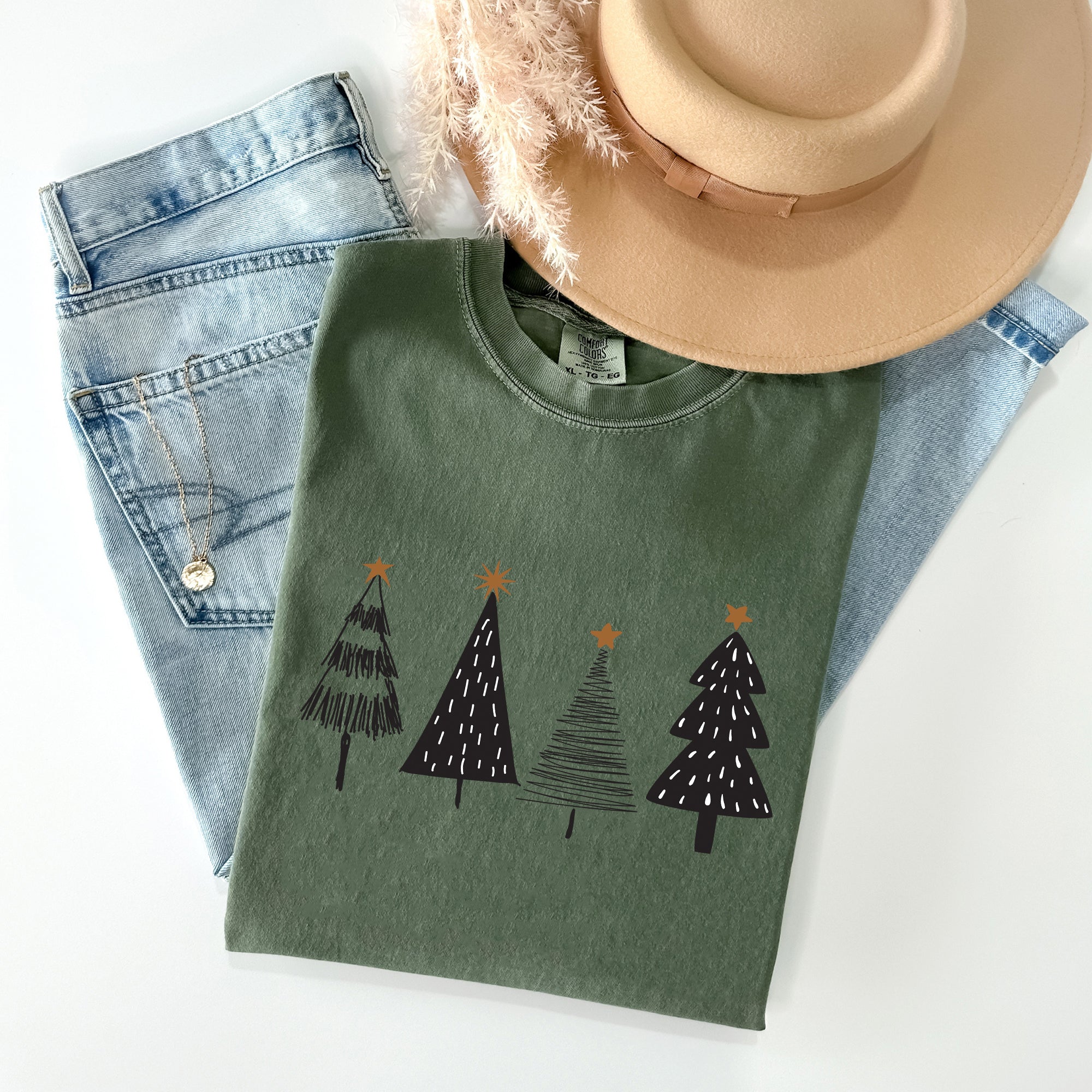 Minimalist Christmas Trees Winter Snow Santa Holiday Scene Nordic Winter Nights Cozy Atmosphere Comfort Colors Tee
