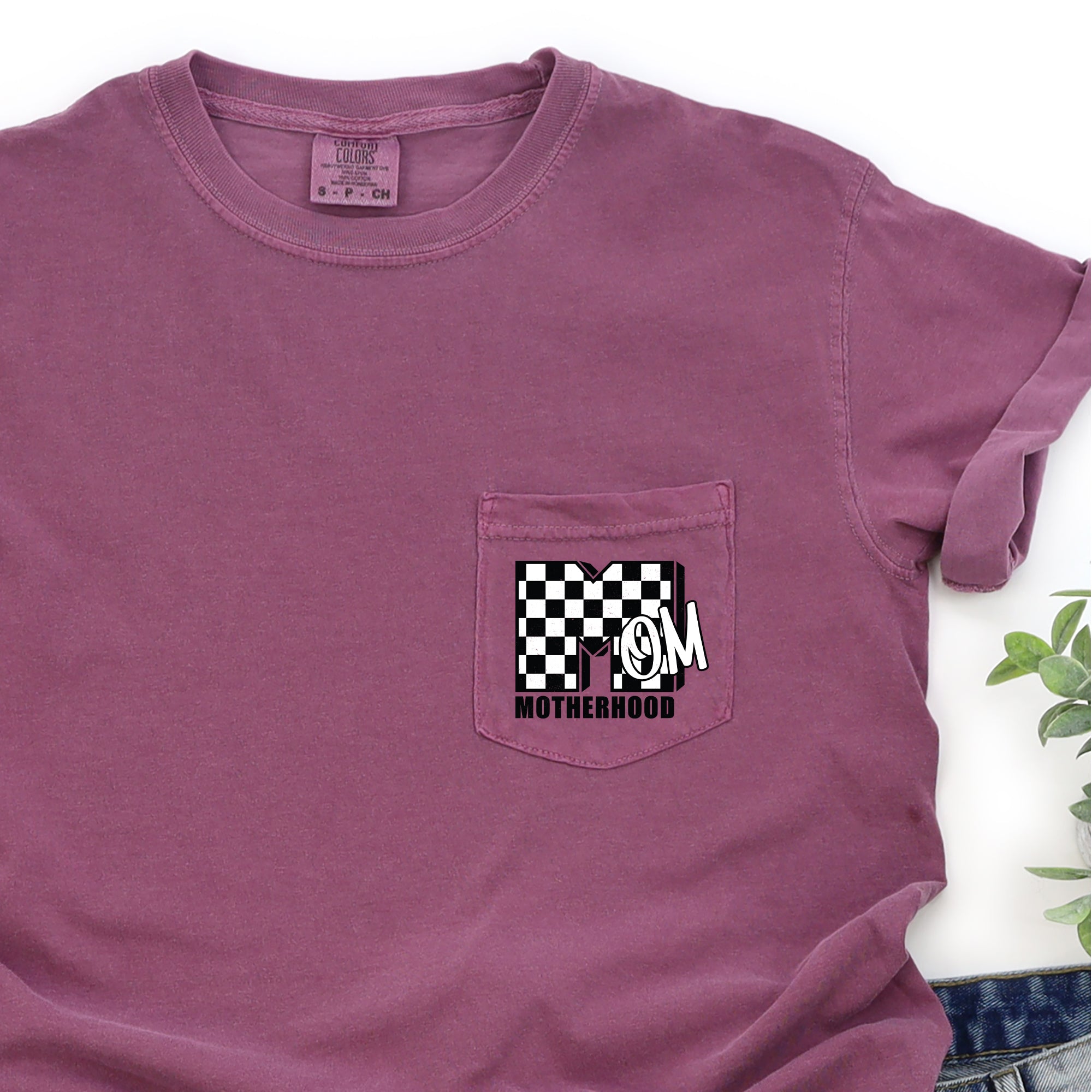 Mom, Motherhood, Retro, Checkered Comfort Colors Pocket Tee Premium Cotton Vintage Look