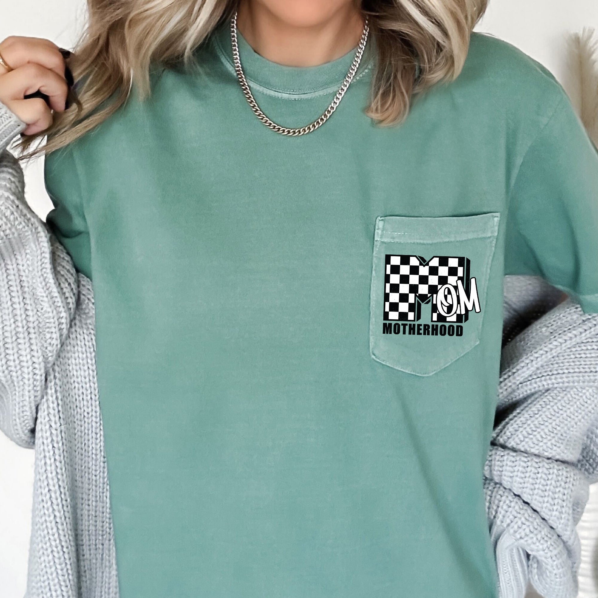 Mom, Motherhood, Retro, Checkered Comfort Colors Pocket Tee Premium Cotton Vintage Look