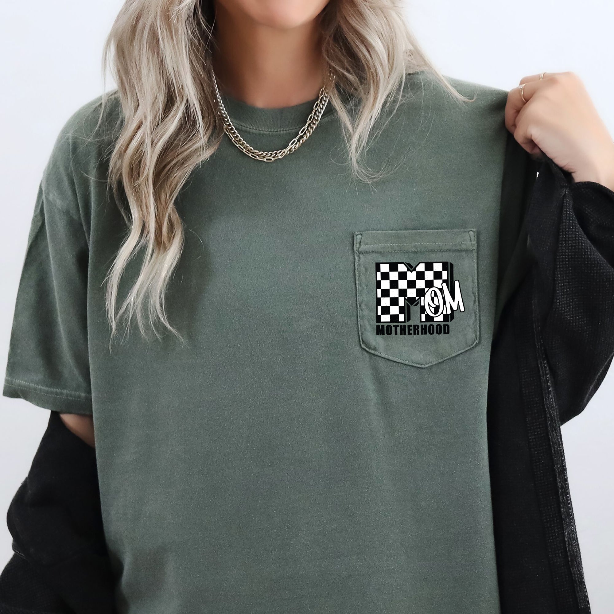 Mom, Motherhood, Retro, Checkered Comfort Colors Pocket Tee Premium Cotton Vintage Look