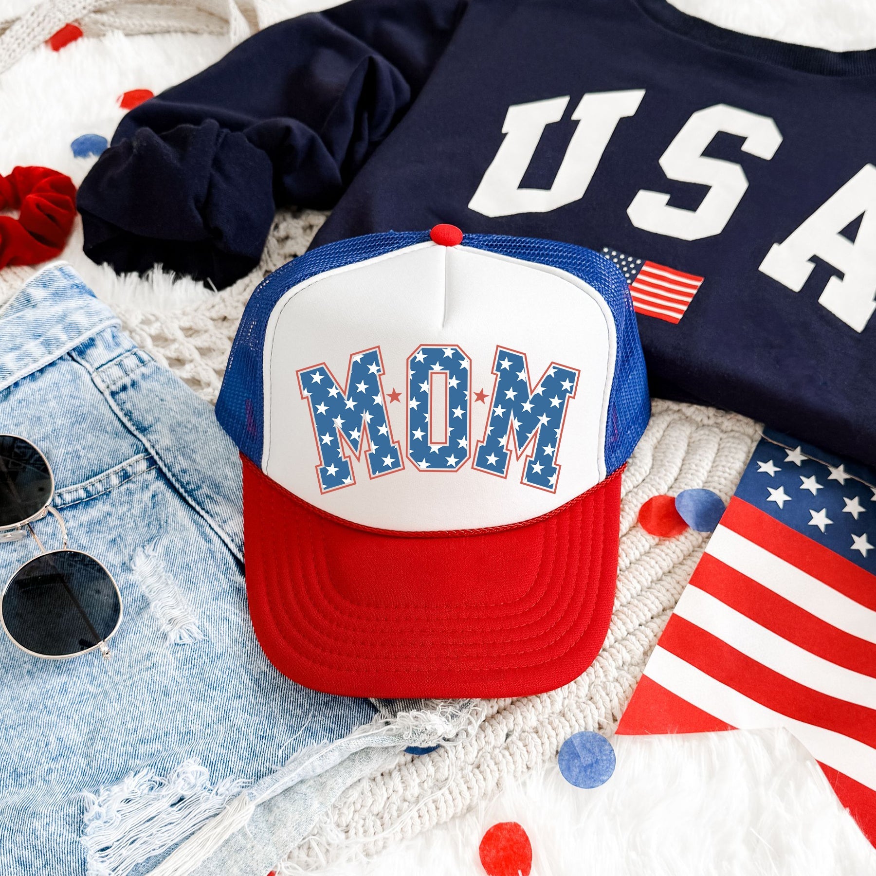 Mom, Stars, Patriotic Snapback Trucker Hat With Embroidered American Flag Patch.