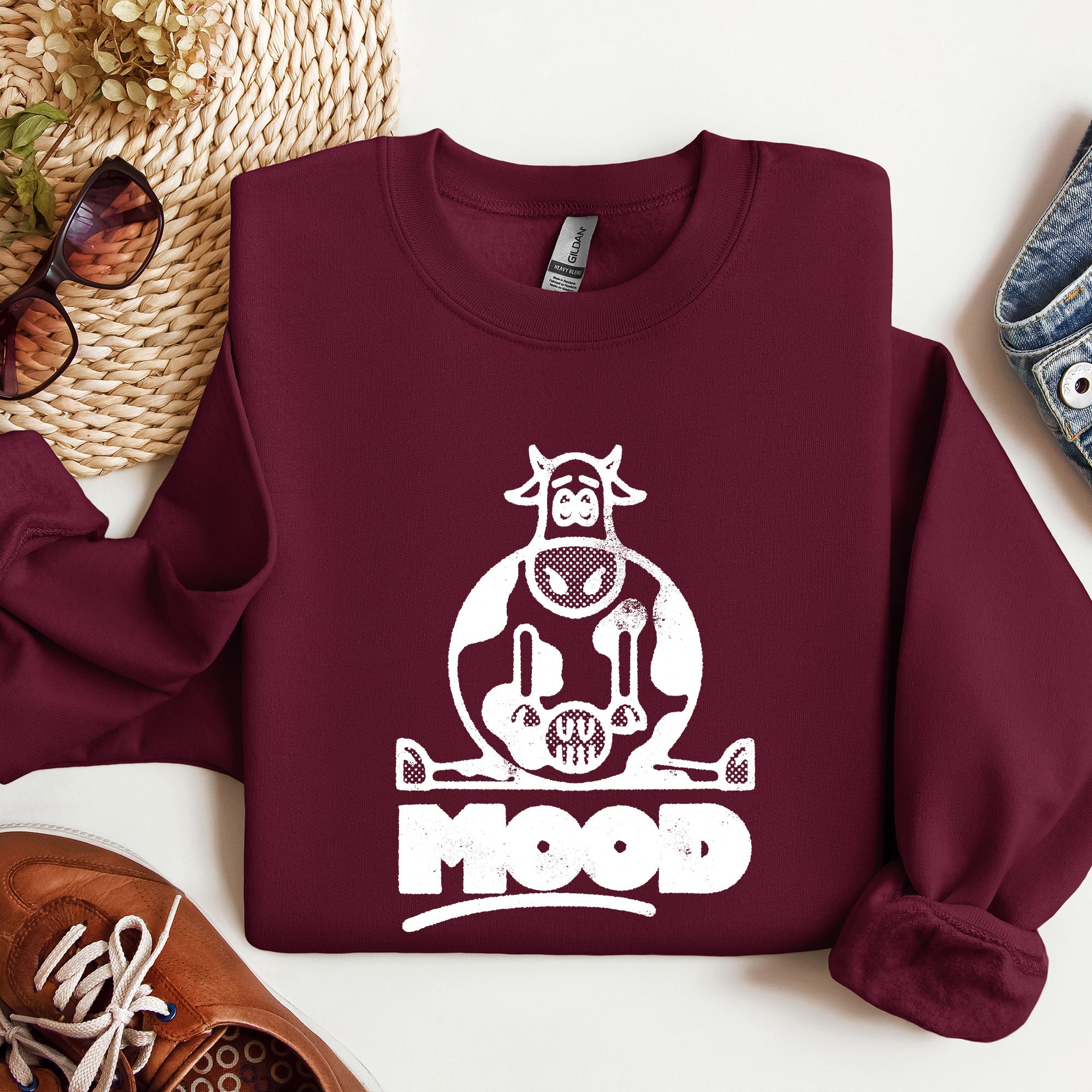 Moo'd Cow Funny Moody Mental Health Positivity Encouraging Humor Wellness Vibes For Positivity Seekers Sweatshirt