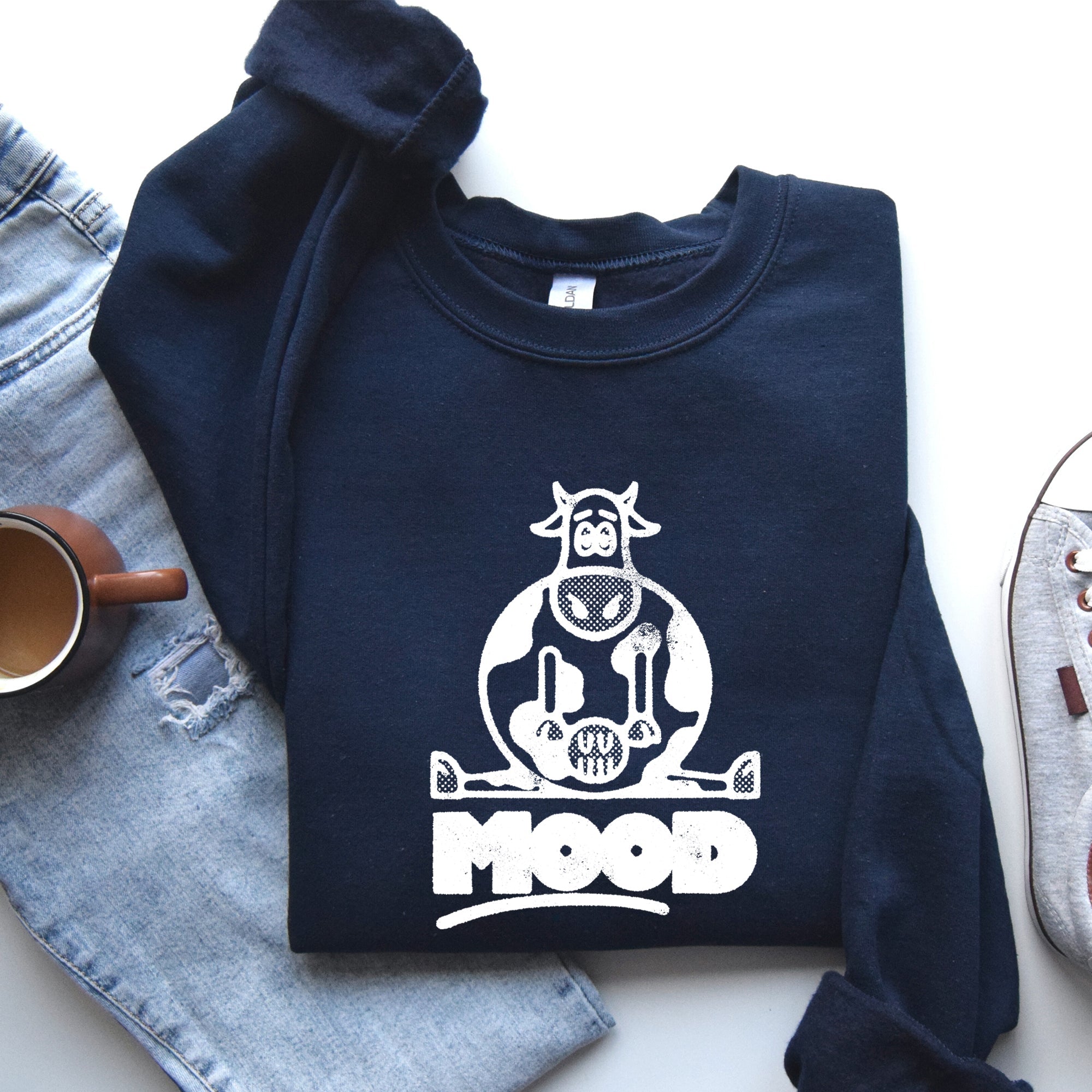 Moo'd Cow Funny Moody Mental Health Positivity Encouraging Humor Wellness Vibes For Positivity Seekers Sweatshirt