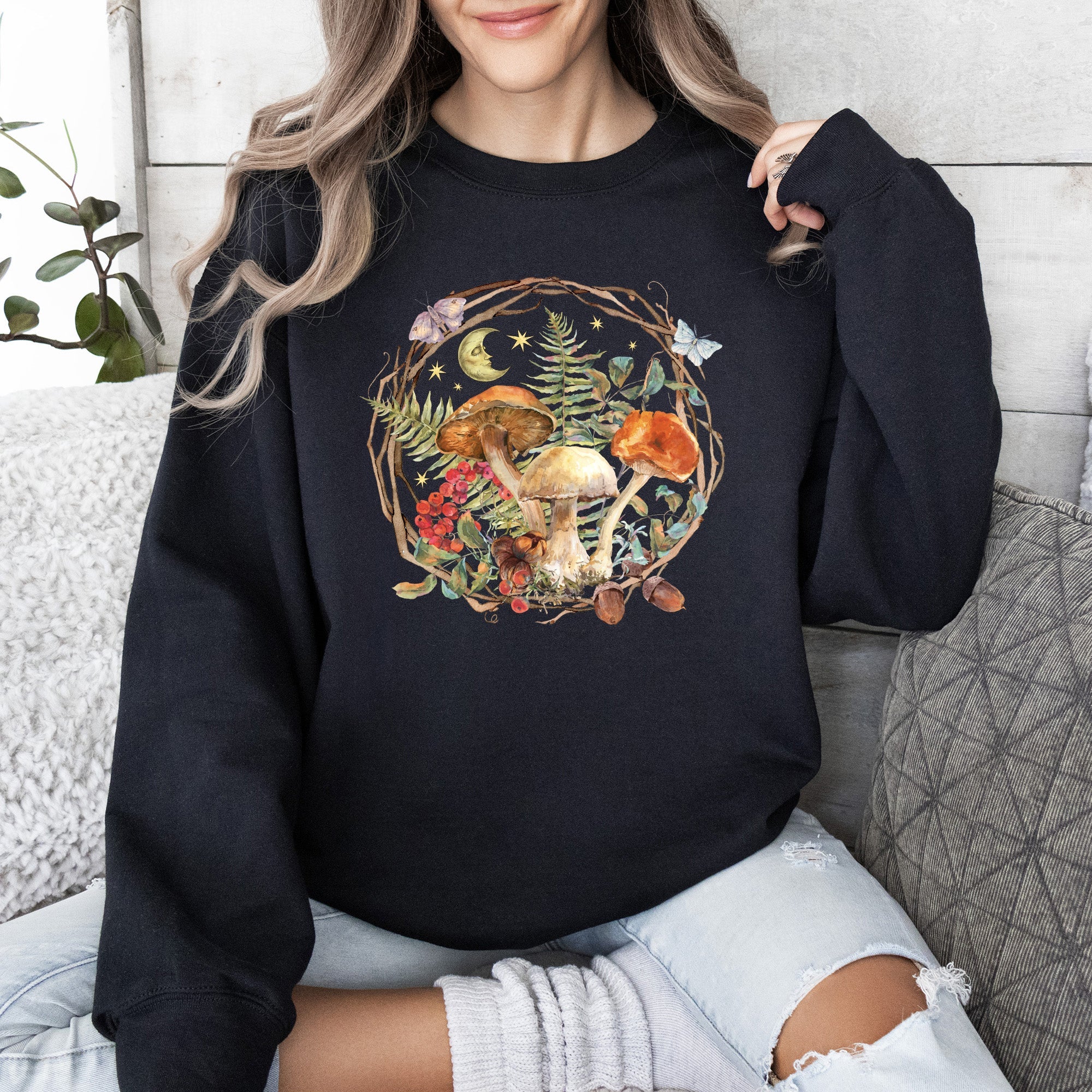 Moon, Moth And Mushrooms, Nature, Forest, Cottage Woodland Nightscape Sweatshirt