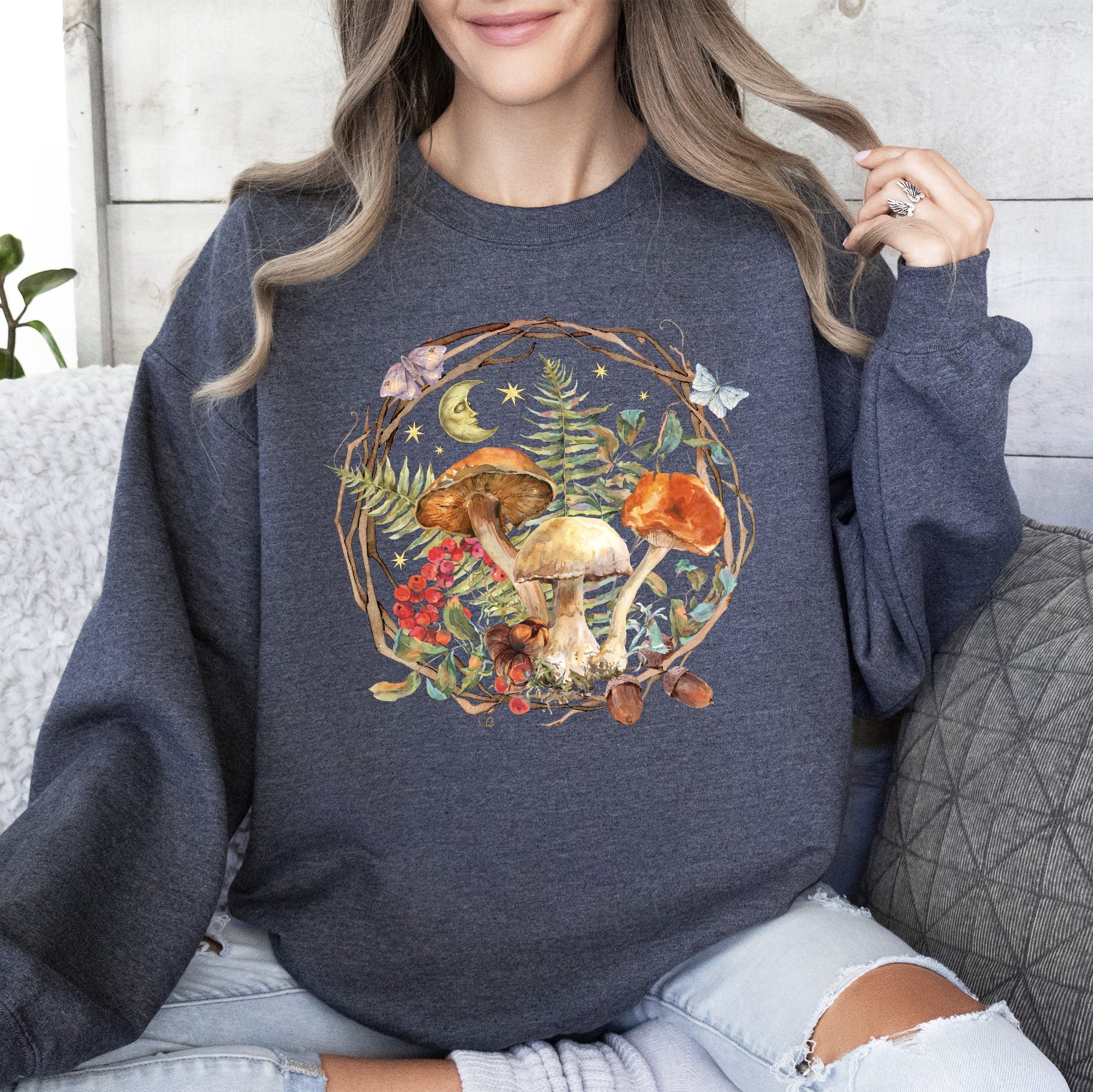 Moon, Moth And Mushrooms, Nature, Forest, Cottage Woodland Nightscape Sweatshirt