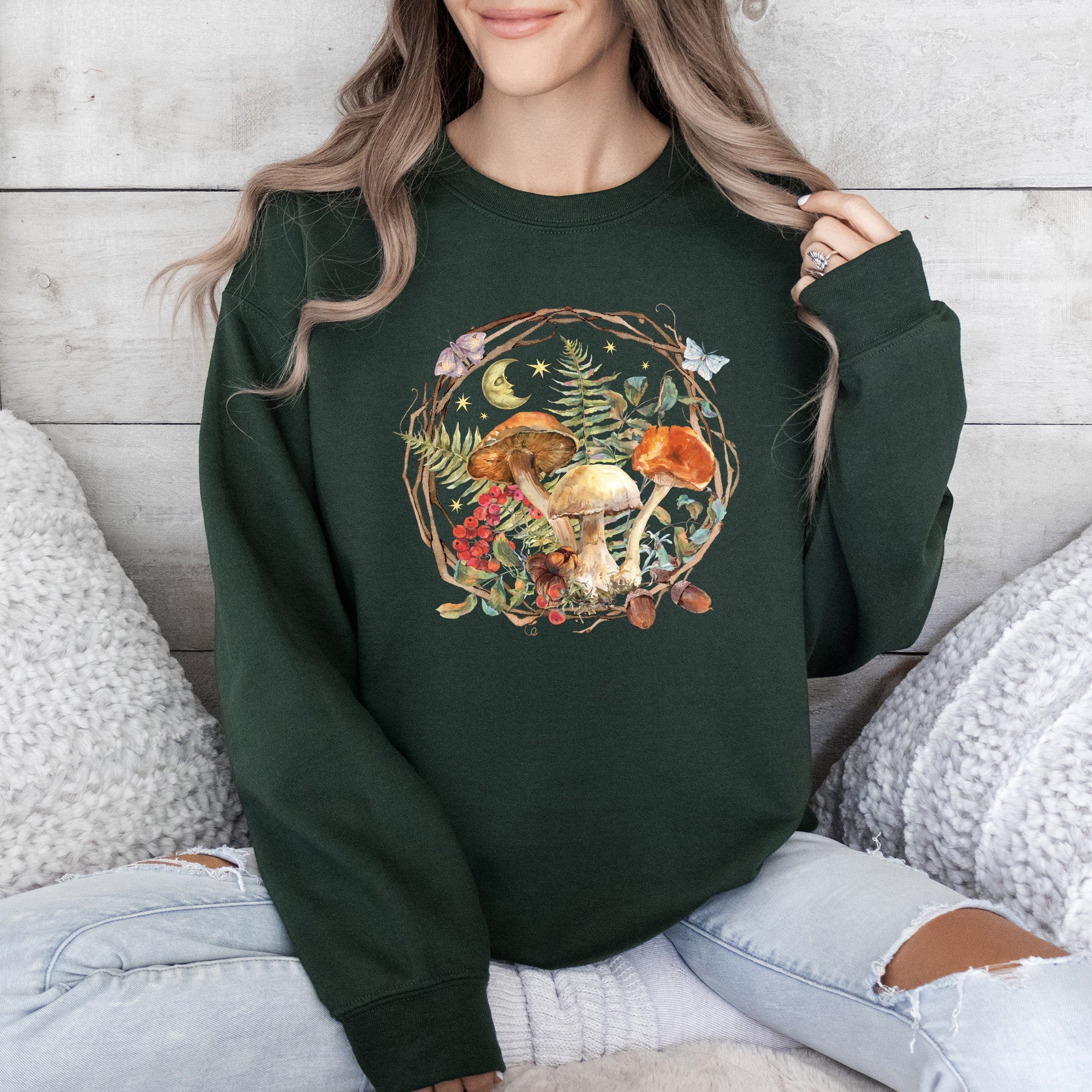 Moon, Moth And Mushrooms, Nature, Forest, Cottage Woodland Nightscape Sweatshirt