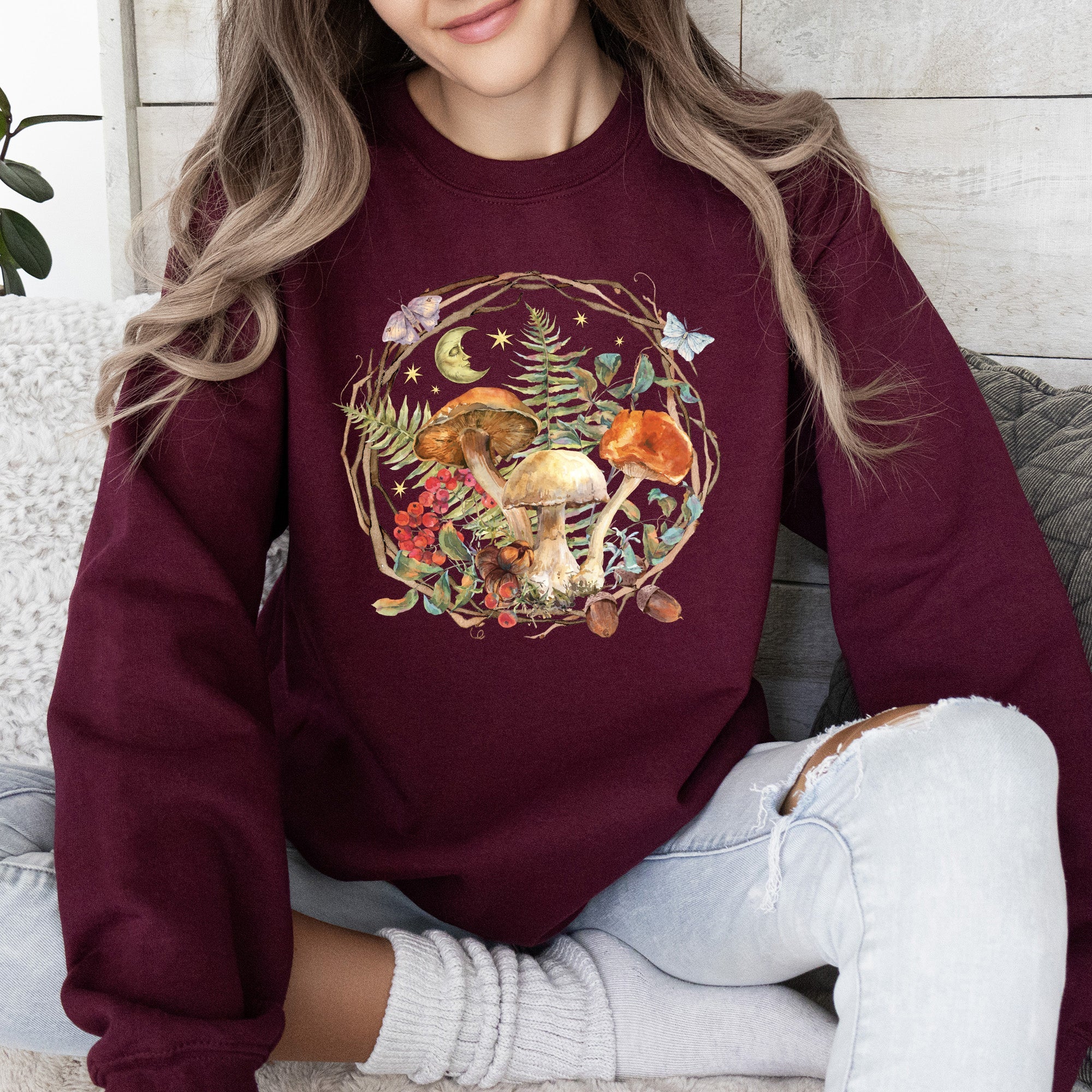 Moon, Moth And Mushrooms, Nature, Forest, Cottage Woodland Nightscape Sweatshirt