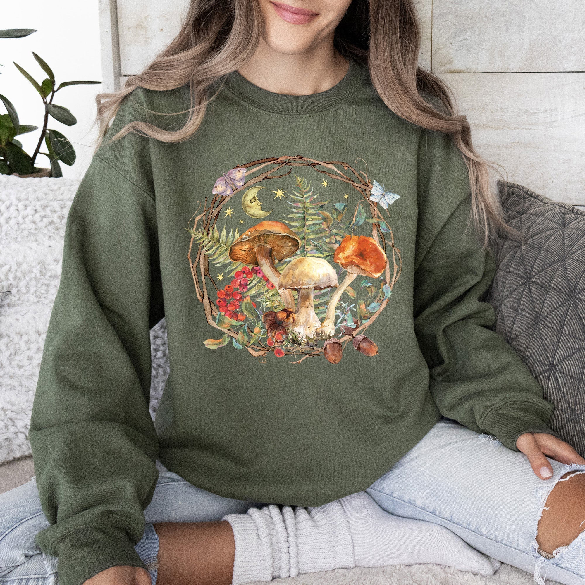 Moon, Moth And Mushrooms, Nature, Forest, Cottage Woodland Nightscape Sweatshirt