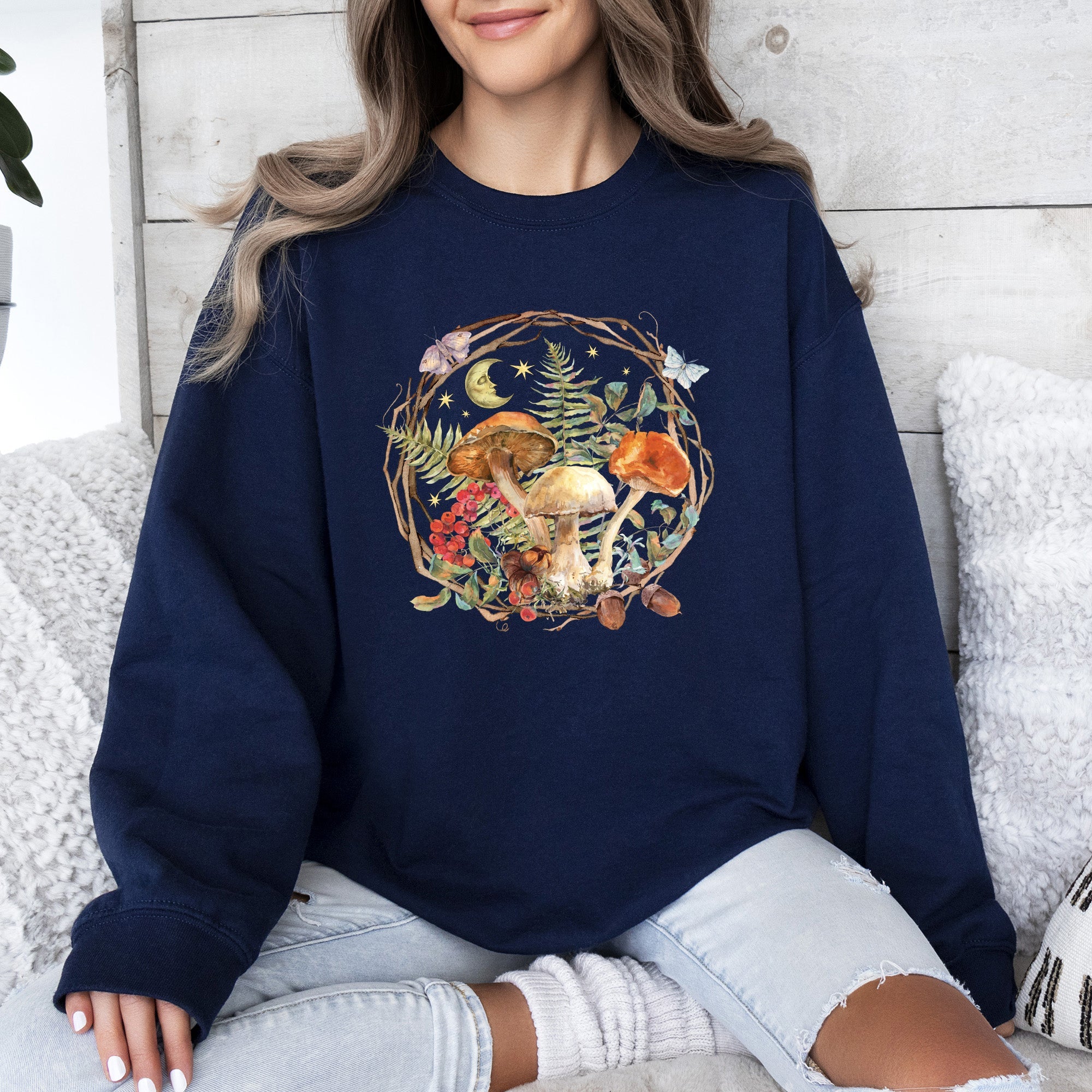 Moon, Moth And Mushrooms, Nature, Forest, Cottage Woodland Nightscape Sweatshirt