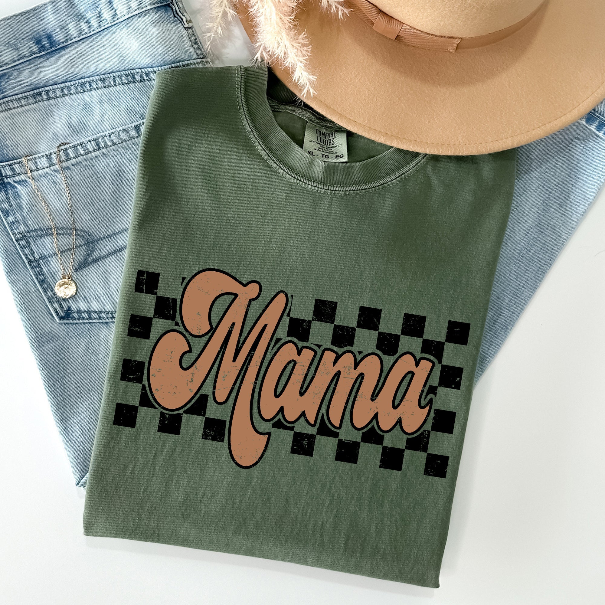 Mama Retro Checkered Vintage Americana Cozy Everyday Timeless Casual Dreamy Comfort Colors Tee