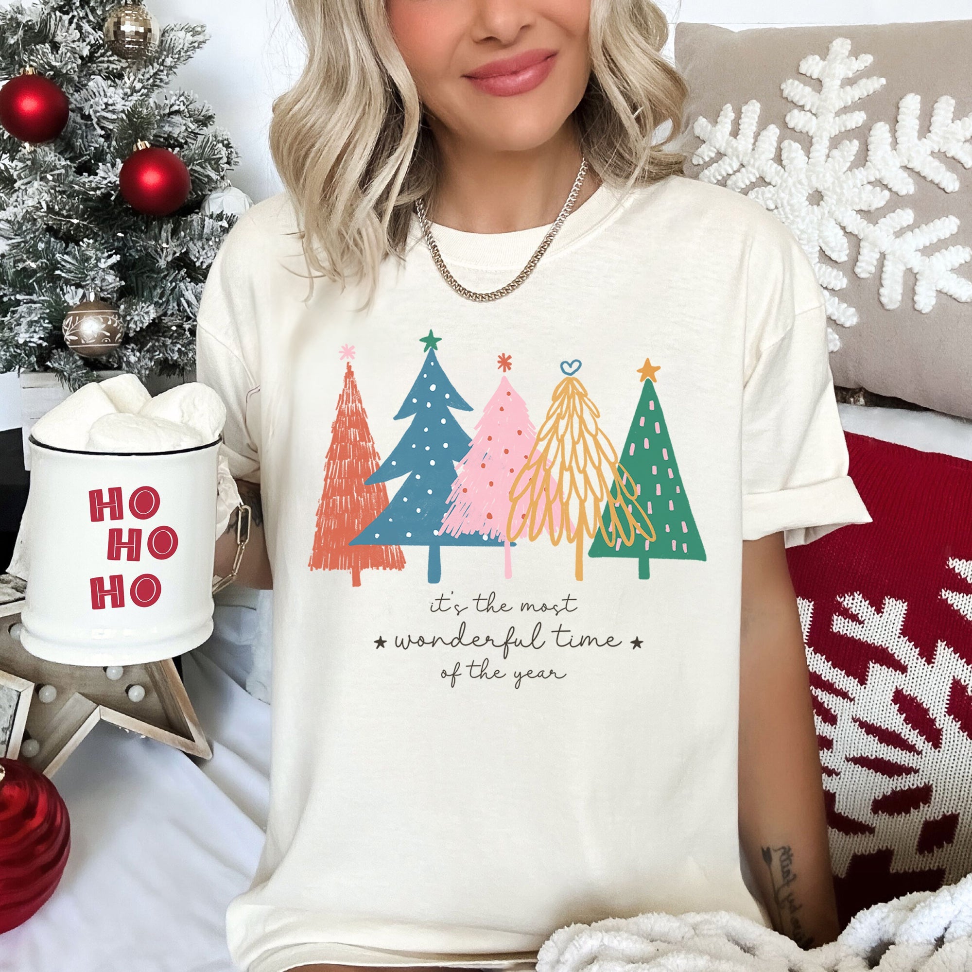 Most Wonderful Time Retro Christmas Trees Colorful Holiday Design Comfort Colors Tee