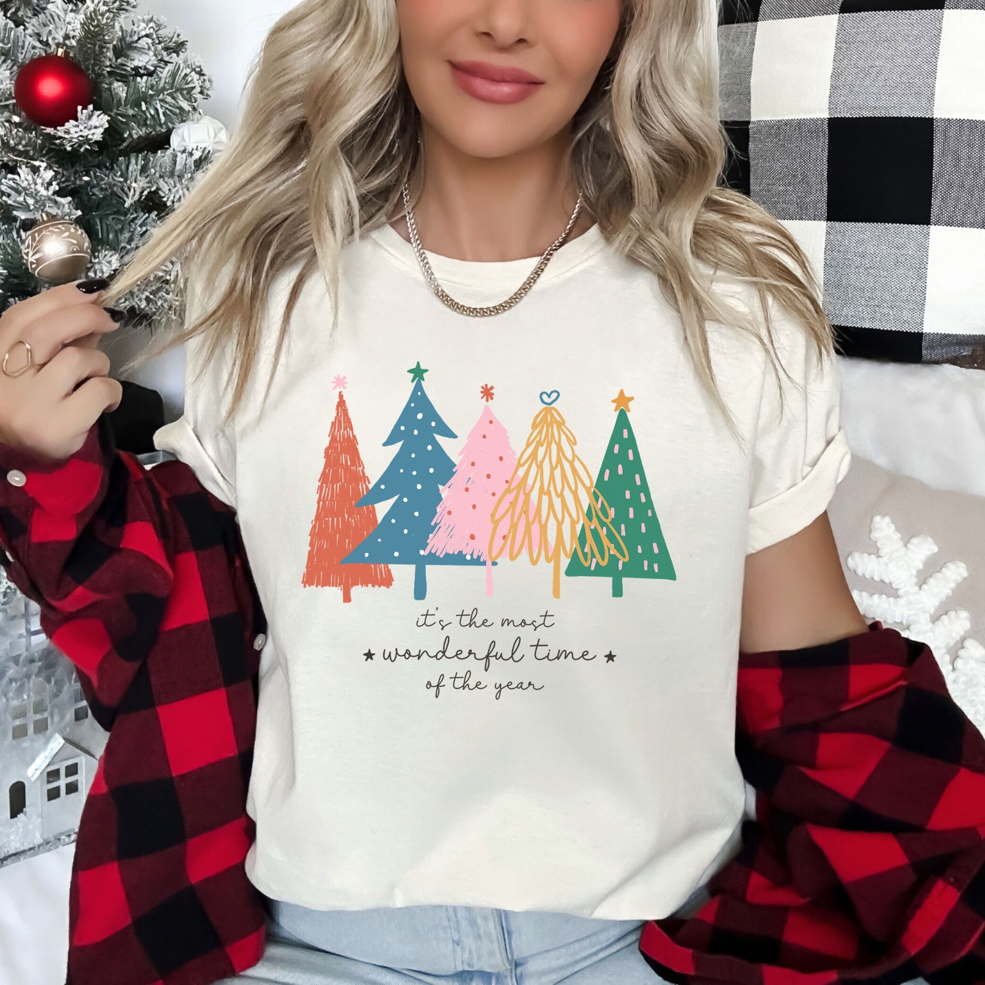 Most Wonderful Time Retro Christmas Trees Colorful Ornaments Festive Holiday Scene Graphic Tee