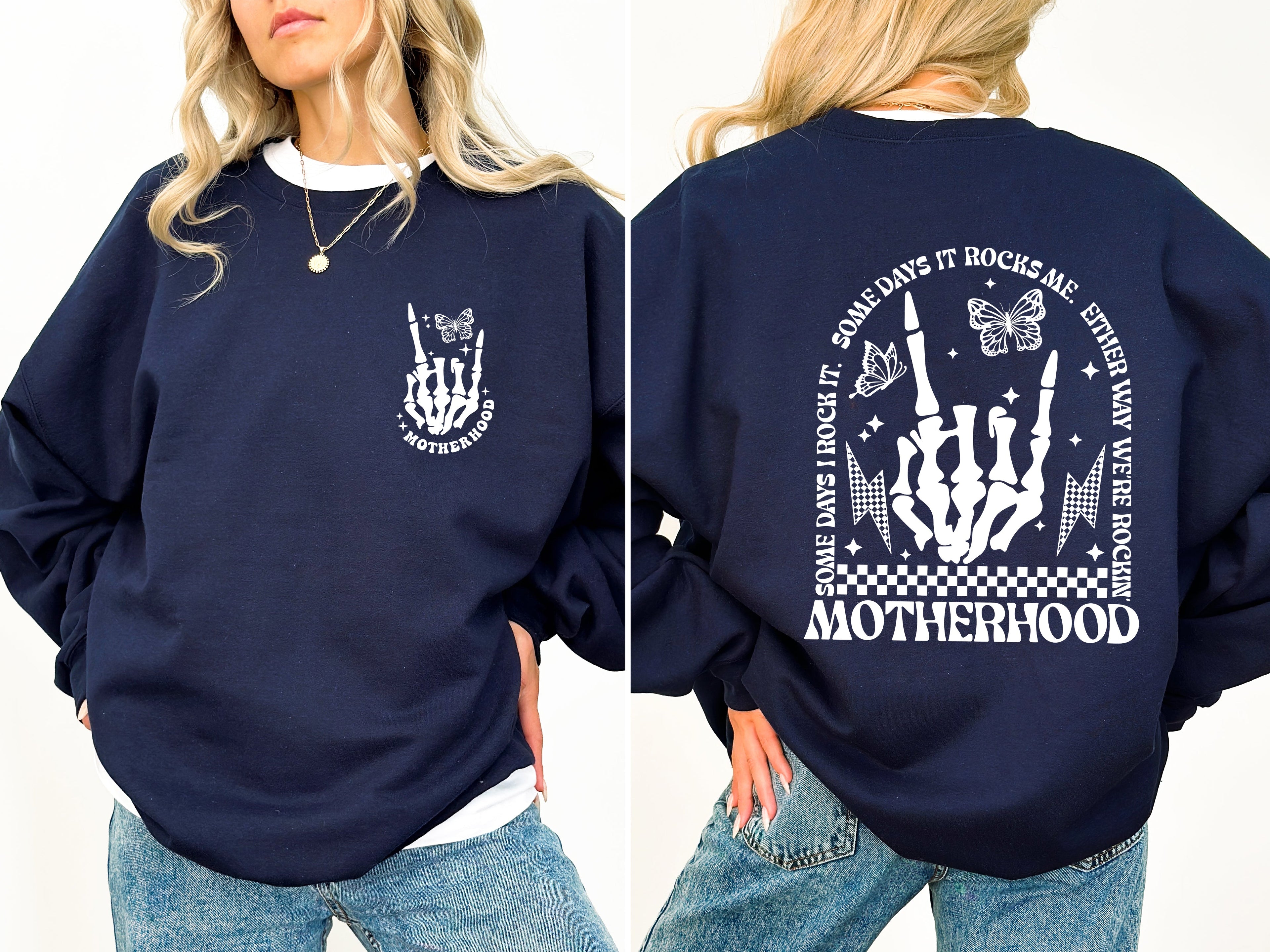 Motherhood Rocks Mother's Day Skeleton Bold Design Celebrating Moms Everywhere Graphic Sweatshirt