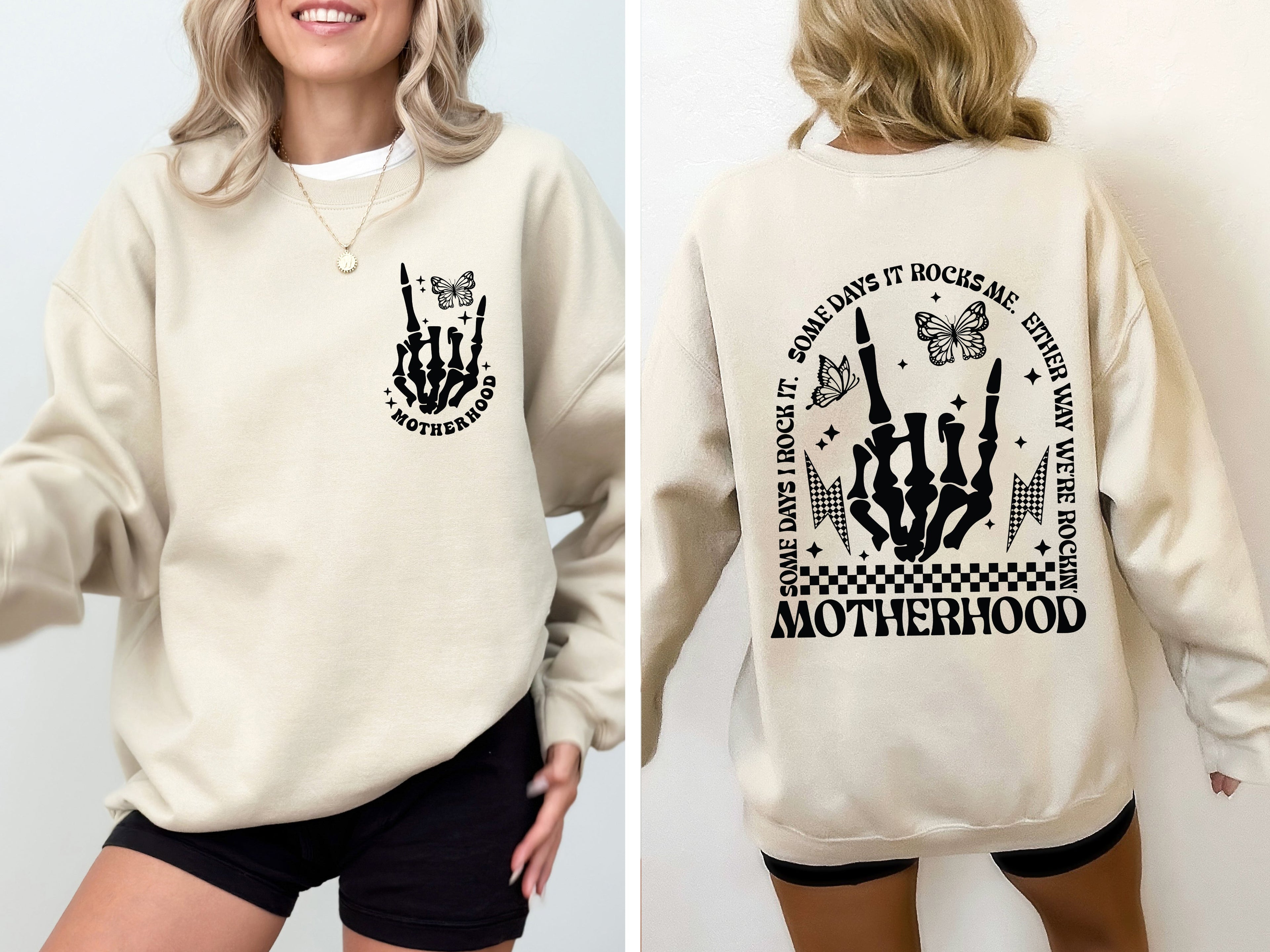 Motherhood Rocks Mother's Day Skeleton Bold Design Celebrating Moms Everywhere Graphic Sweatshirt