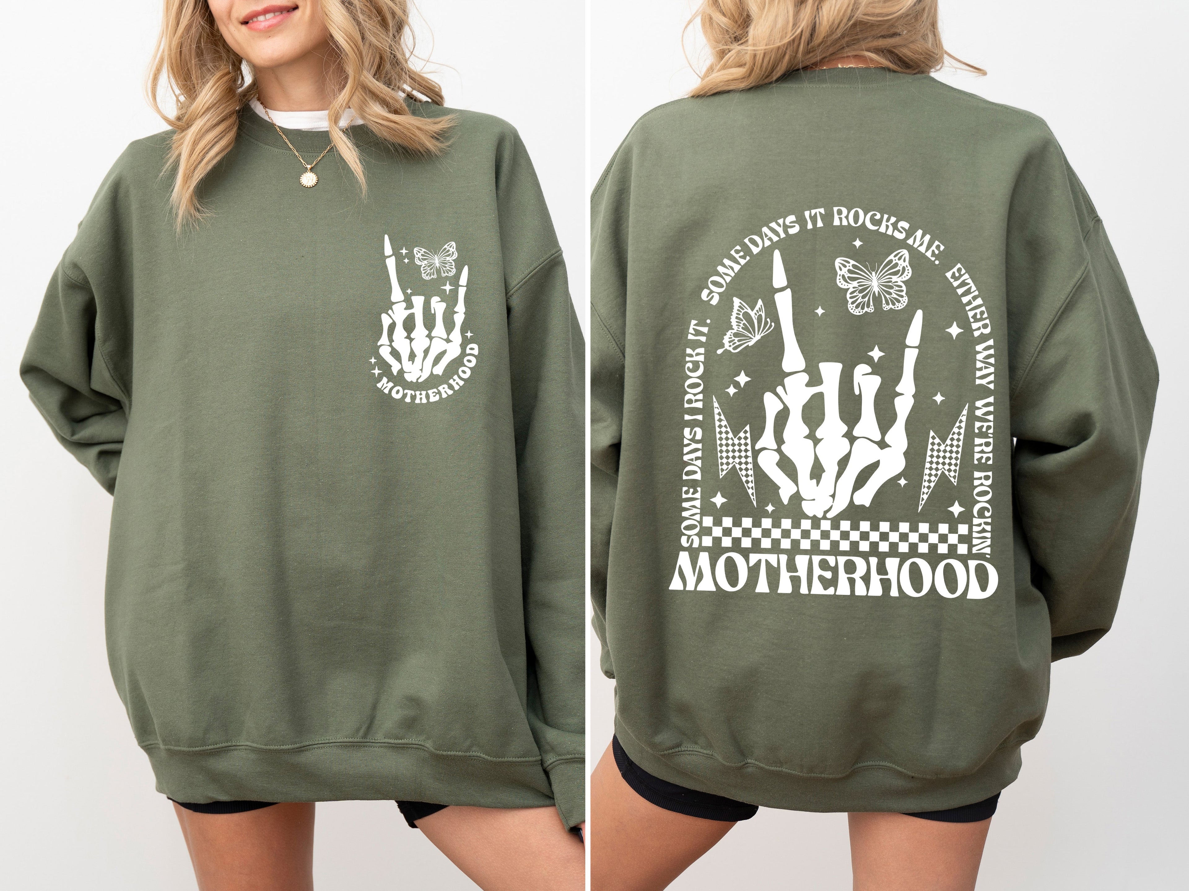 Motherhood Rocks Mother's Day Skeleton Bold Design Celebrating Moms Everywhere Graphic Sweatshirt