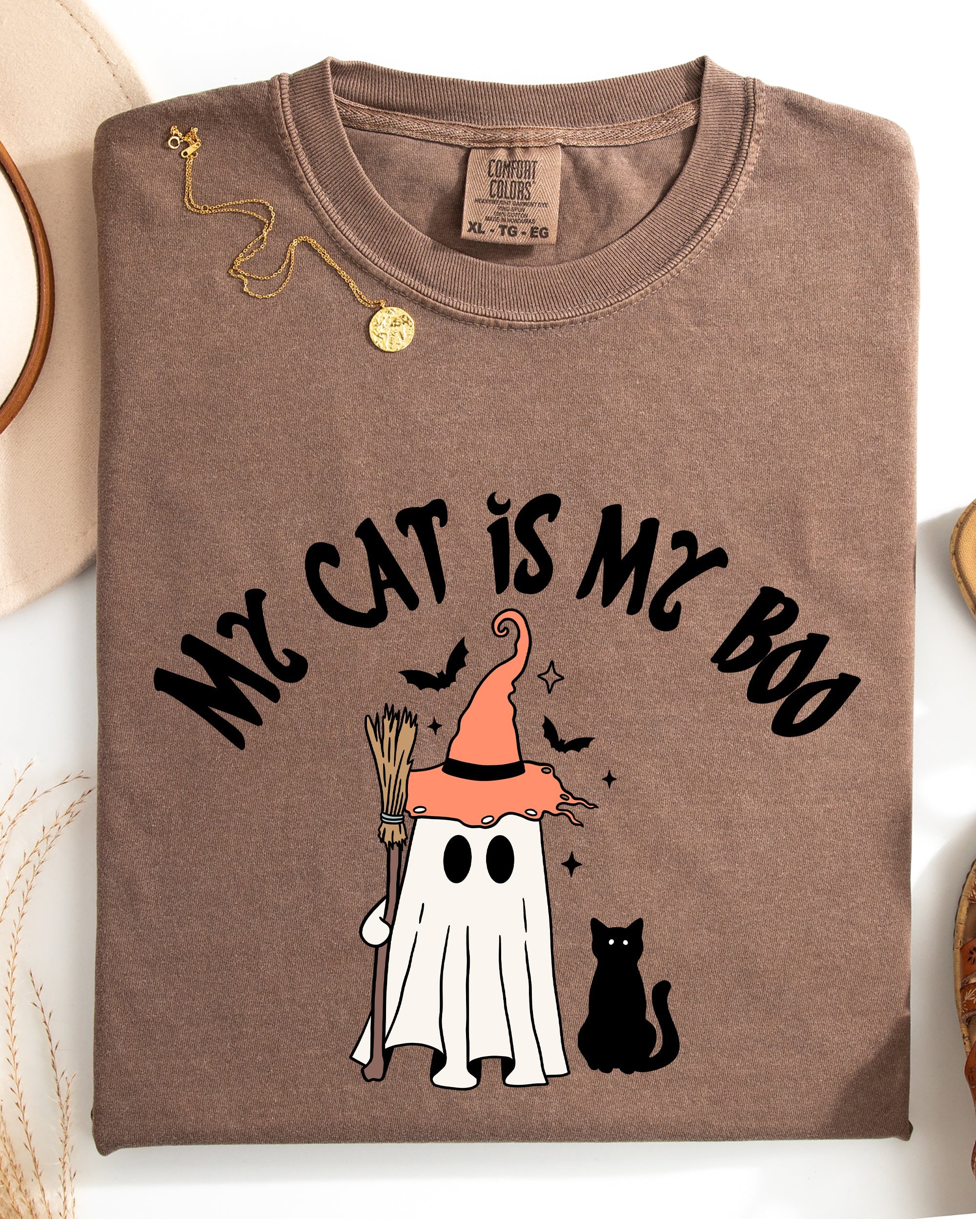 My Cat Is My Boo Halloween Ghost Witch Trick Or Treat Bats Apparel Comfort Colors Tee