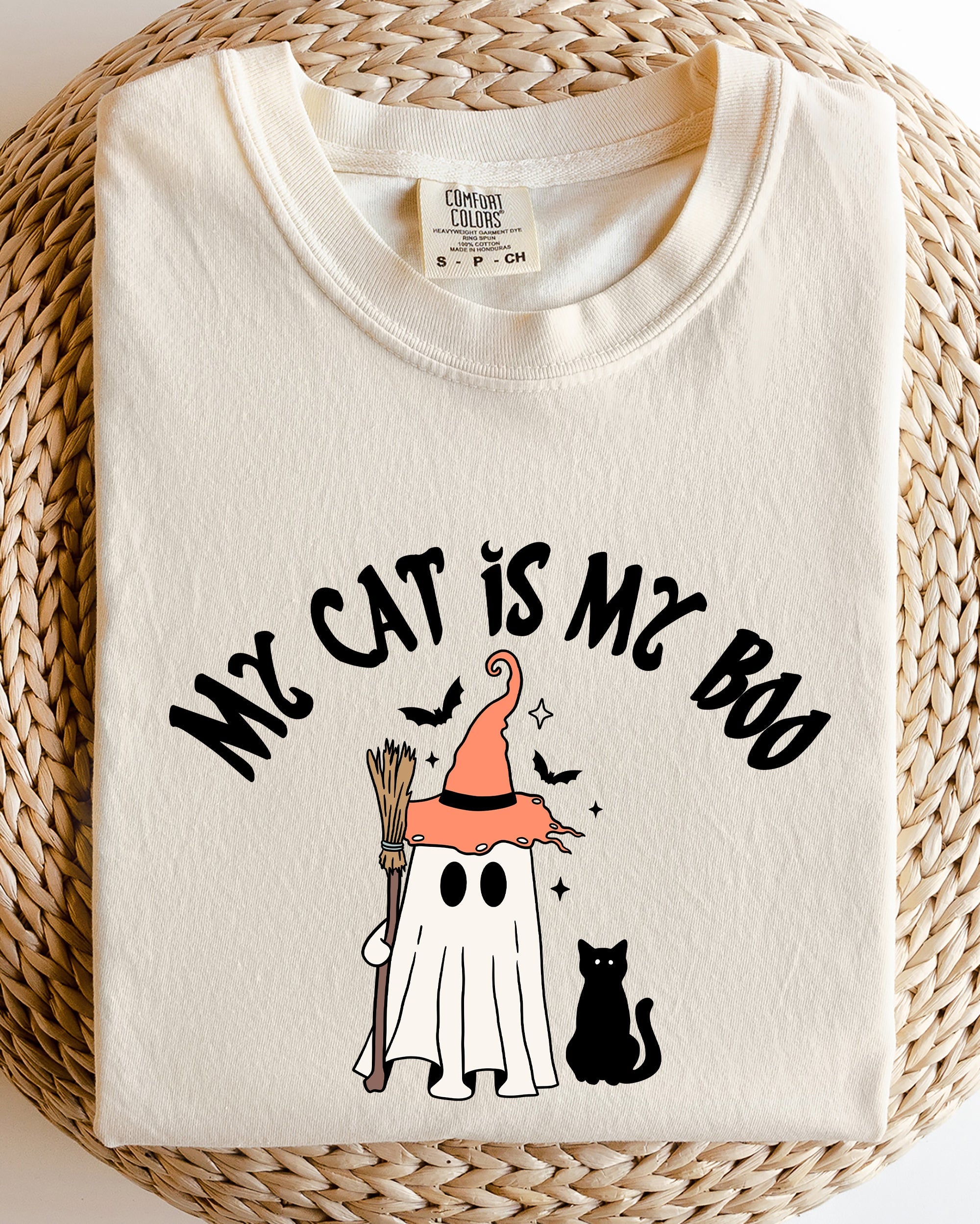 My Cat Is My Boo Halloween Ghost Witch Trick Or Treat Bats Apparel Comfort Colors Tee