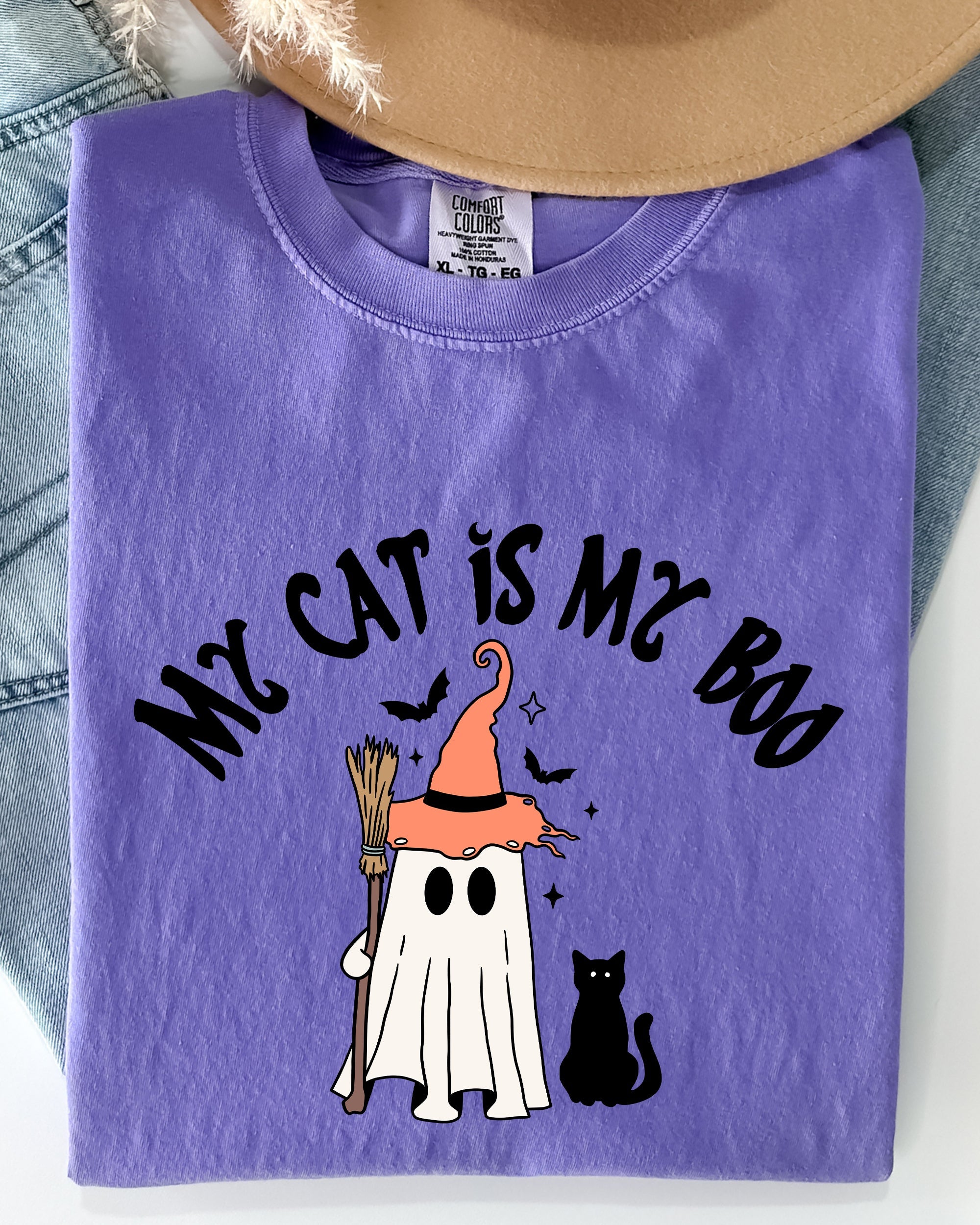 My Cat Is My Boo Halloween Ghost Witch Trick Or Treat Bats Apparel Comfort Colors Tee
