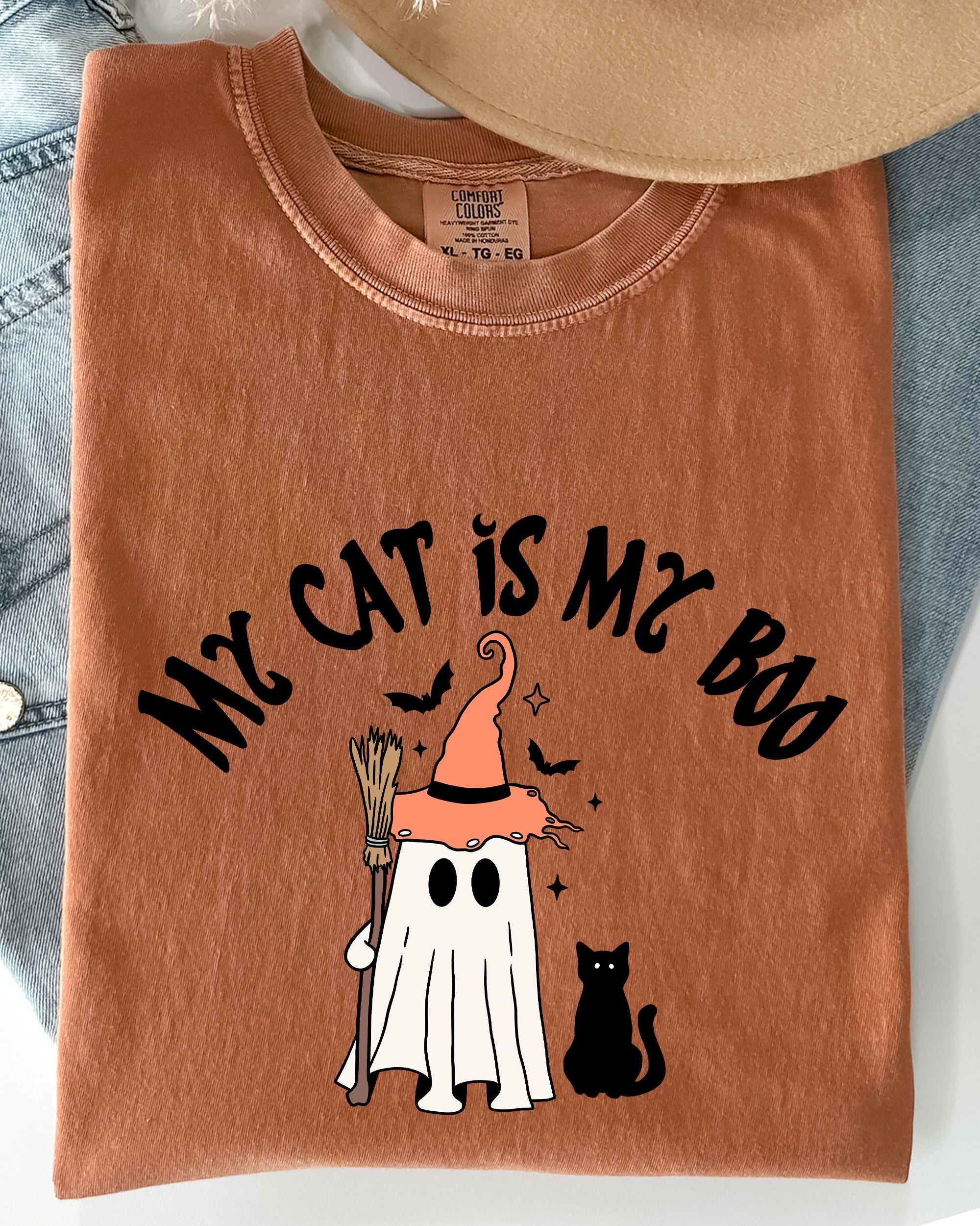 My Cat Is My Boo Halloween Ghost Witch Trick Or Treat Bats Apparel Comfort Colors Tee