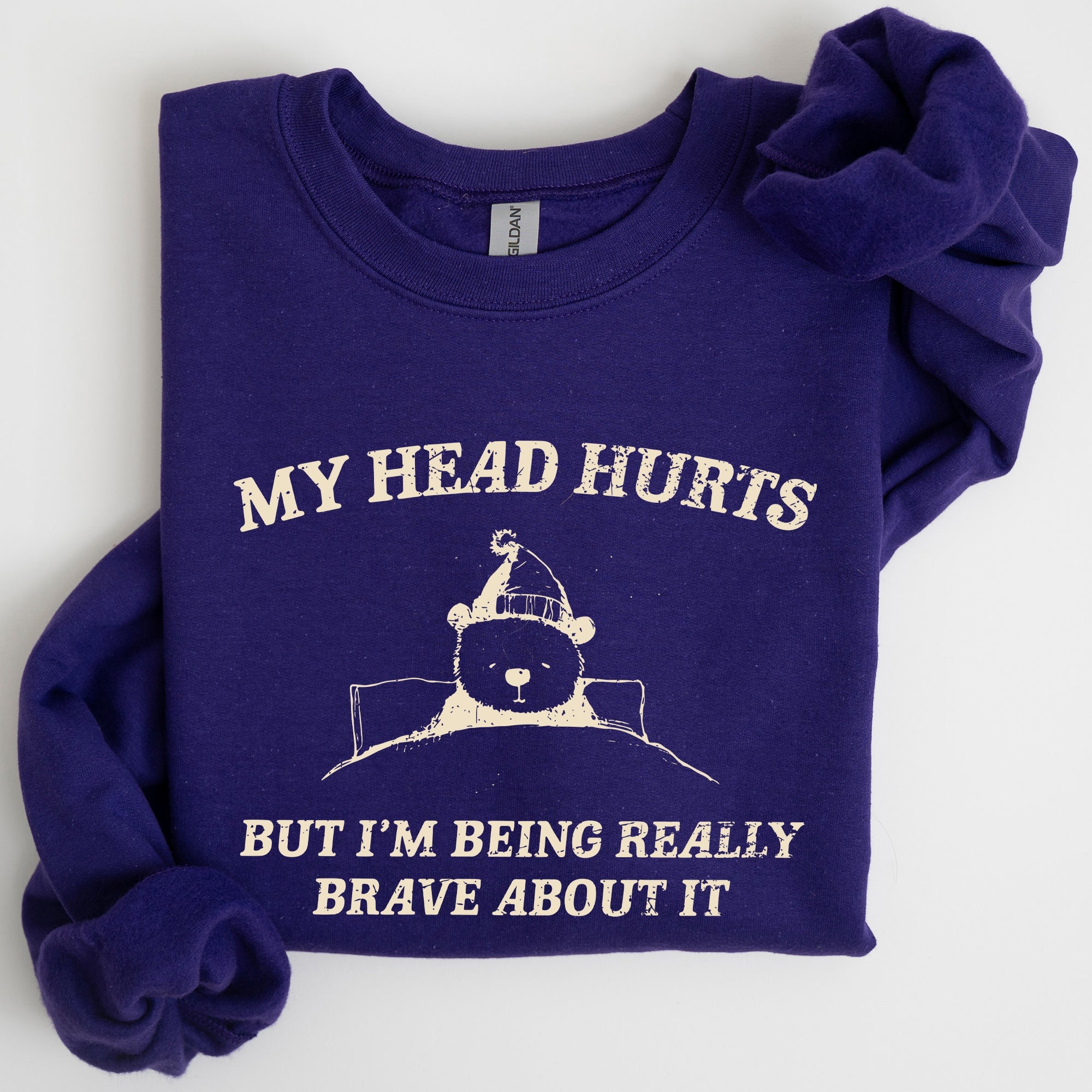 My Head Hurts Bear Sick Meme Aesthetic Funny Graphic Premium Soft Cotton Sweatshirt