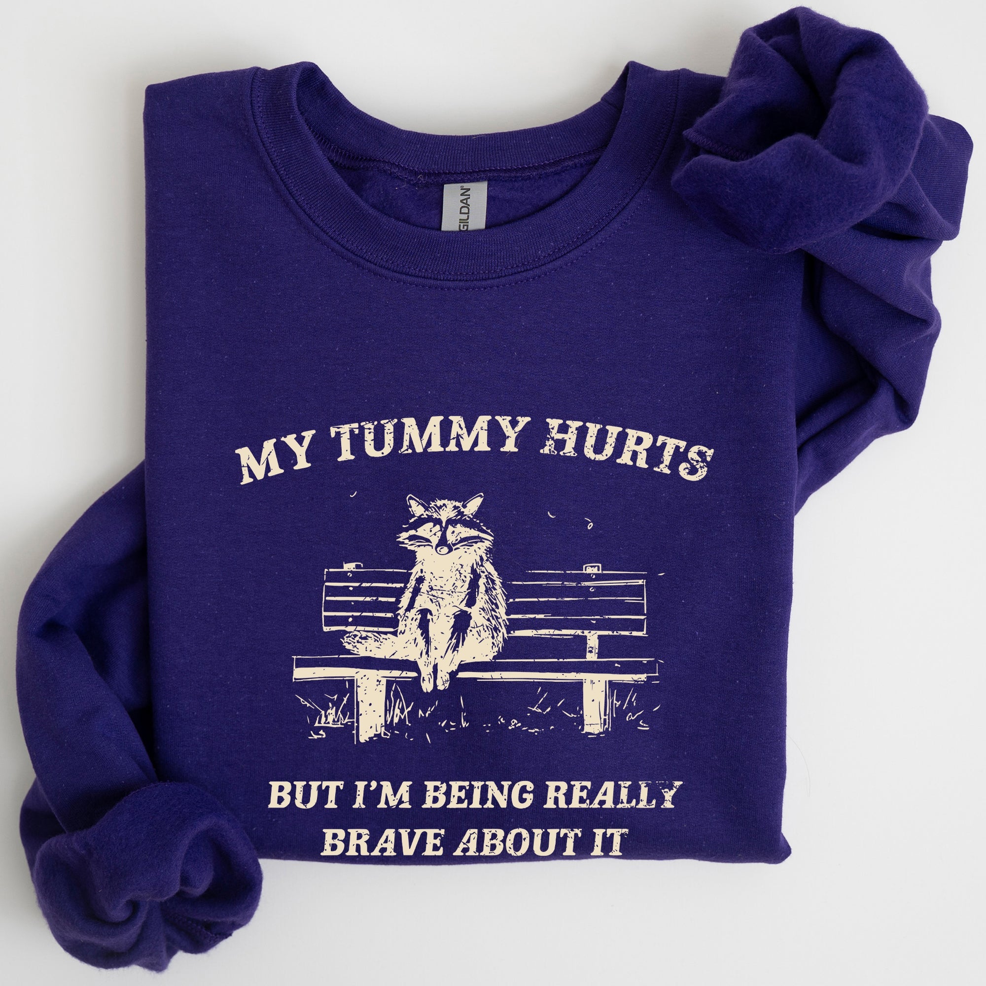 My Tummy Hurts Raccoon Meme Relatable Humor For Cozy Comfort All Day Laughs Sweatshirt