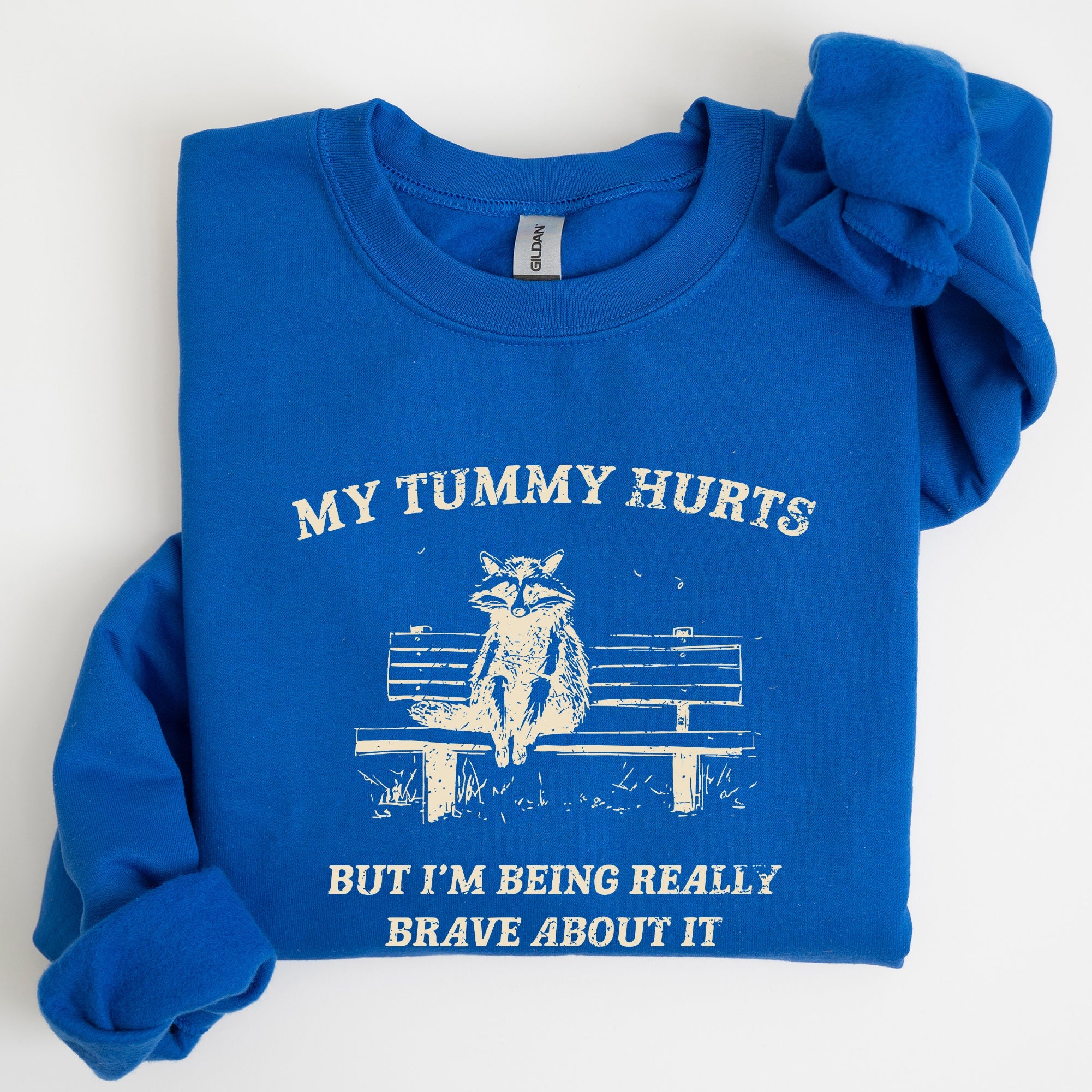 My Tummy Hurts Raccoon Meme Relatable Humor For Cozy Comfort All Day Laughs Sweatshirt