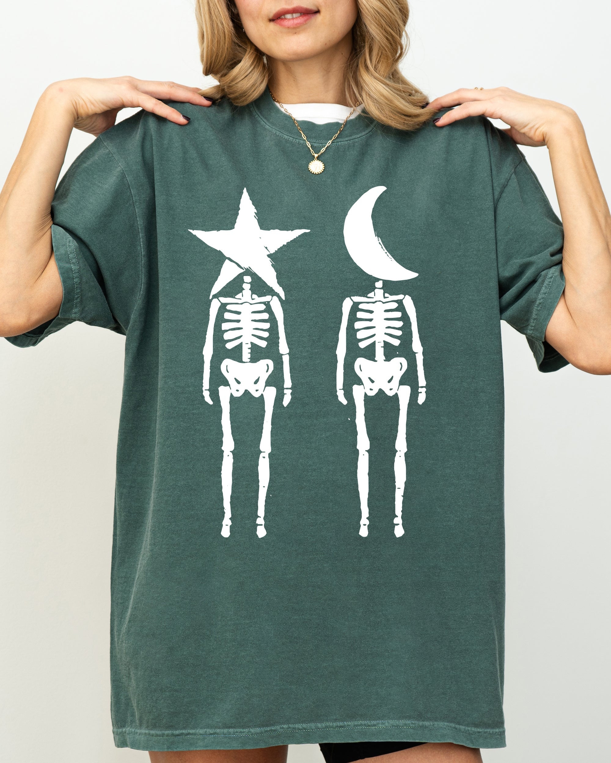Mystical Couple Stars Moons Skeleton Halloween Spooky Night Sky Comfort Colors Tee