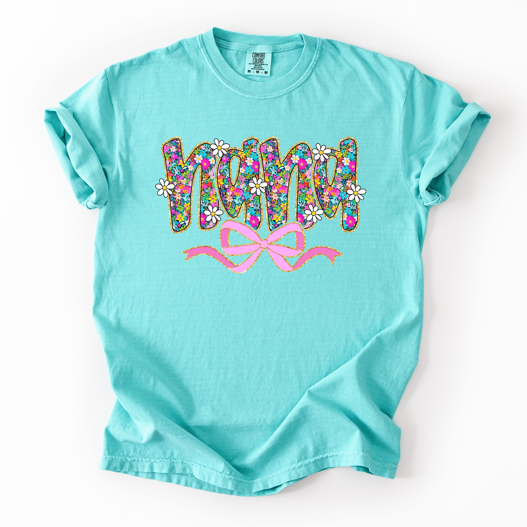 Nana Mother's Day Floral Ribbon Bow Pastel Blooms Garden Cheer Comfort Colors Tee