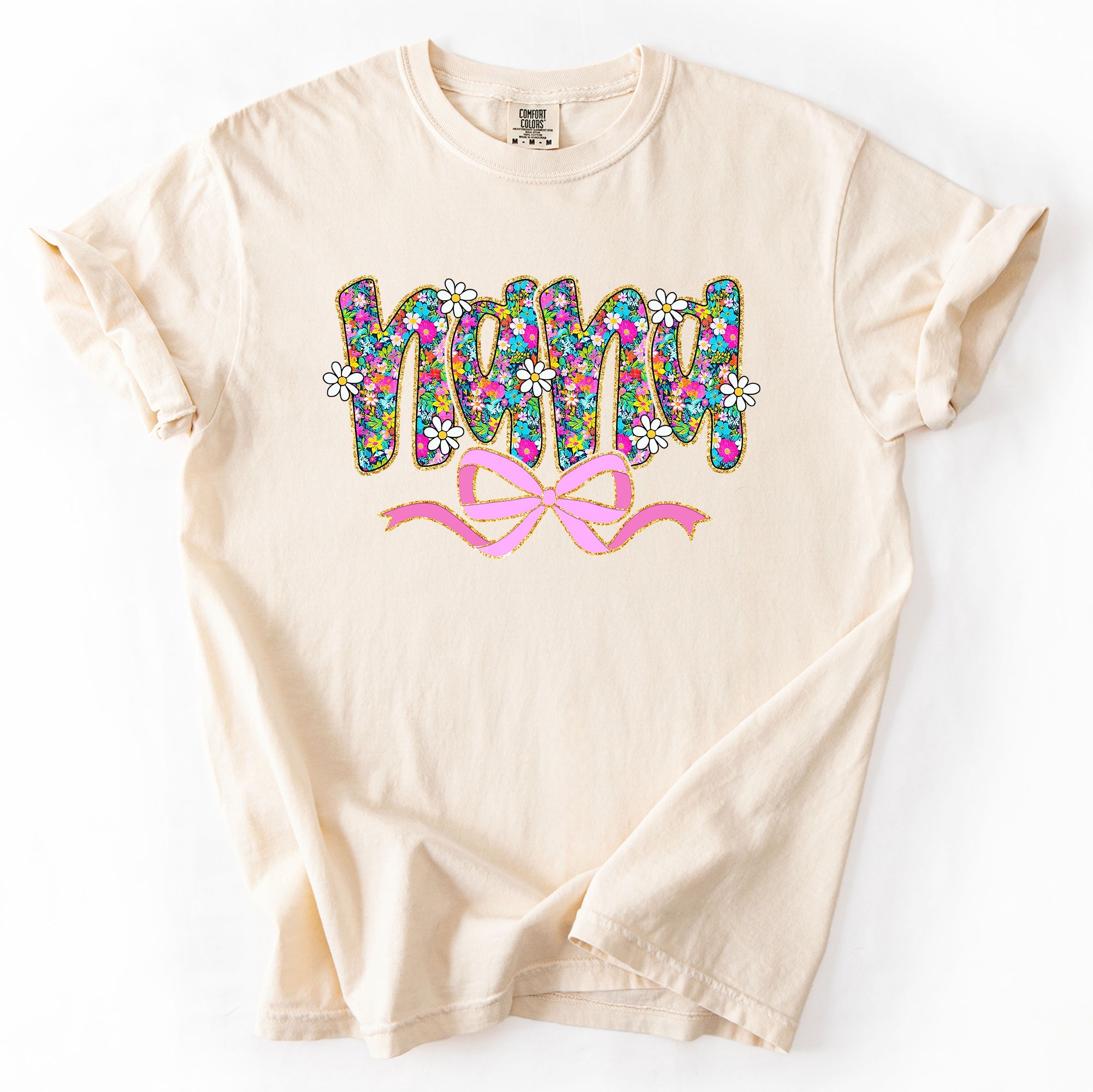 Nana Mother's Day Floral Ribbon Bow Pastel Blooms Garden Cheer Comfort Colors Tee
