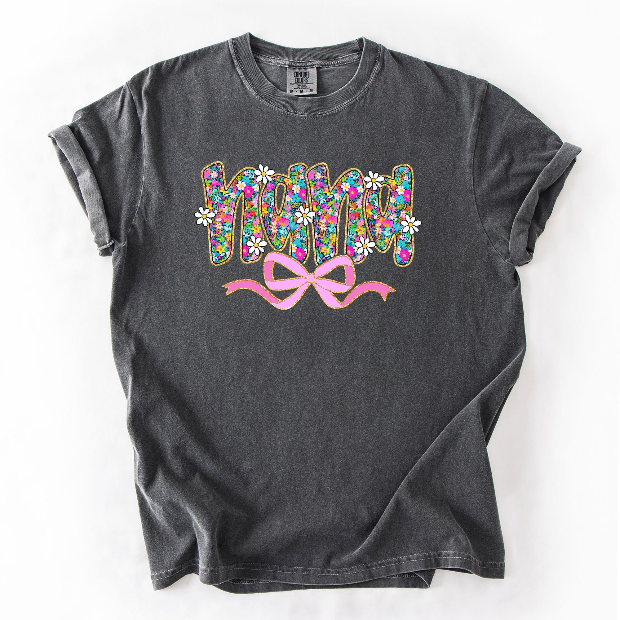 Nana Mother's Day Floral Ribbon Bow Pastel Blooms Garden Cheer Comfort Colors Tee