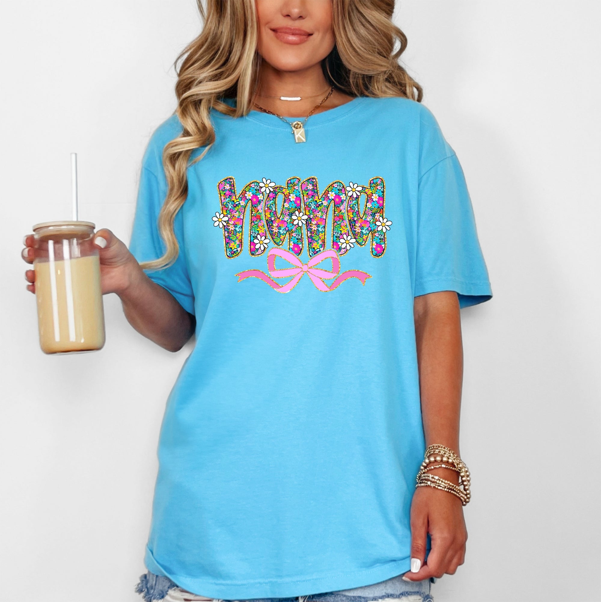 Nana Mother's Day Floral Ribbon Bow Pastel Blooms Garden Cheer Comfort Colors Tee