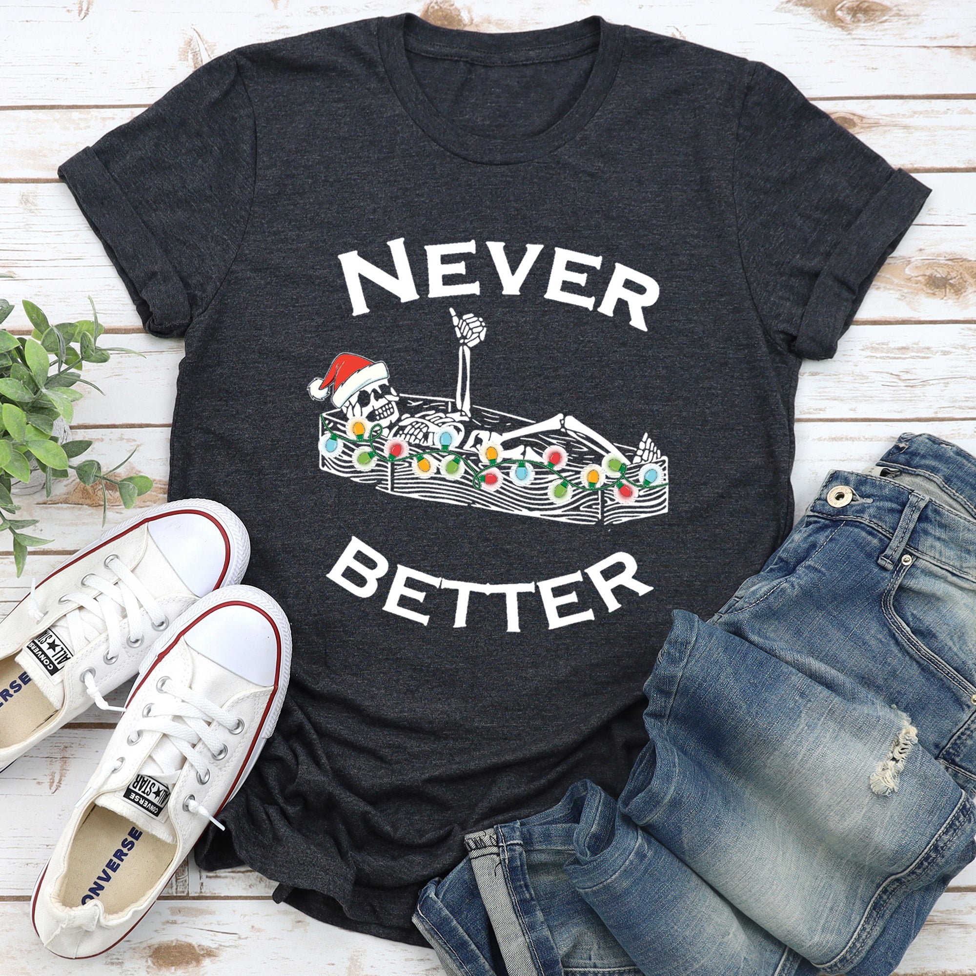 Never Better Christmas Skeleton Retro Holiday Skeleton Parade Spooky Silhouette Artwork Graphic Tee