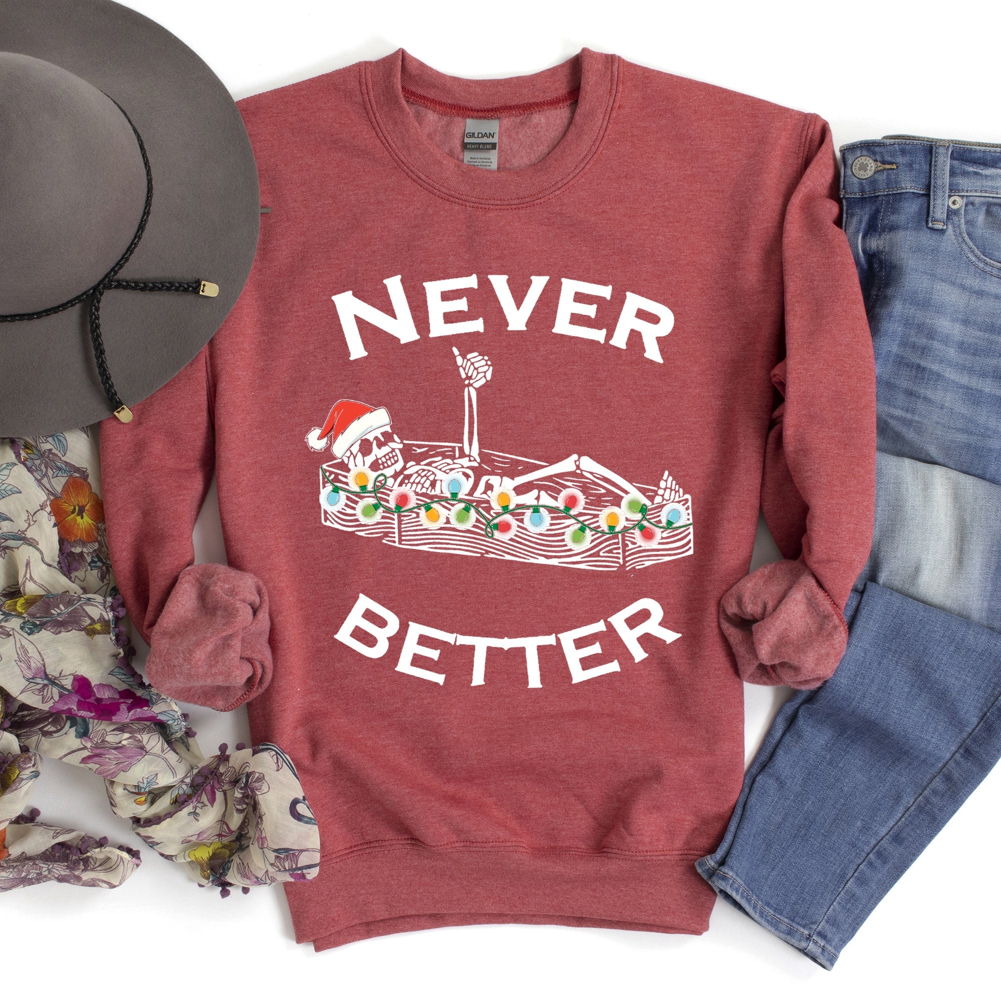 Never Better Christmas Skeleton Retro Holiday Scene Illustration With Festive Charm And Nostalgia Sweatshirt