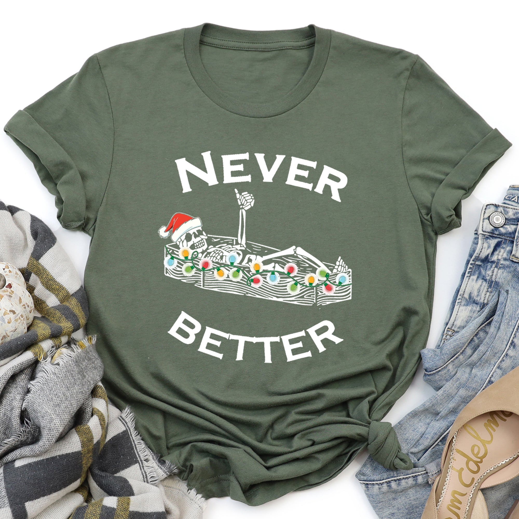 Never Better Christmas Skeleton Retro Holiday Skeleton Parade Spooky Silhouette Artwork Graphic Tee