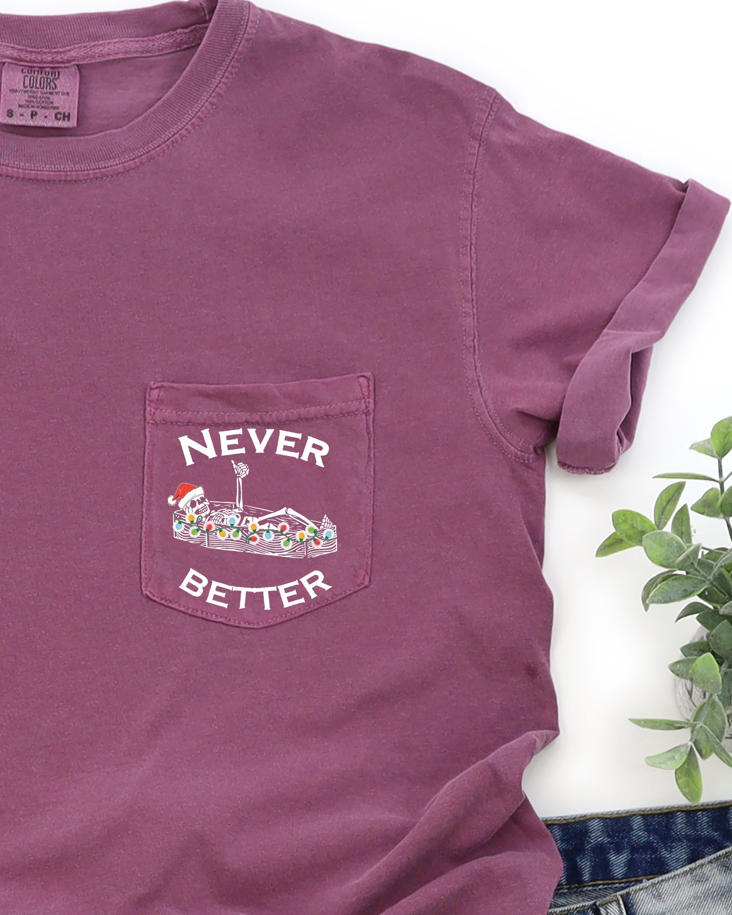 Never Better Christmas Pocket Skeleton Santa Winter Snow Xmas Comfort Colors Tee