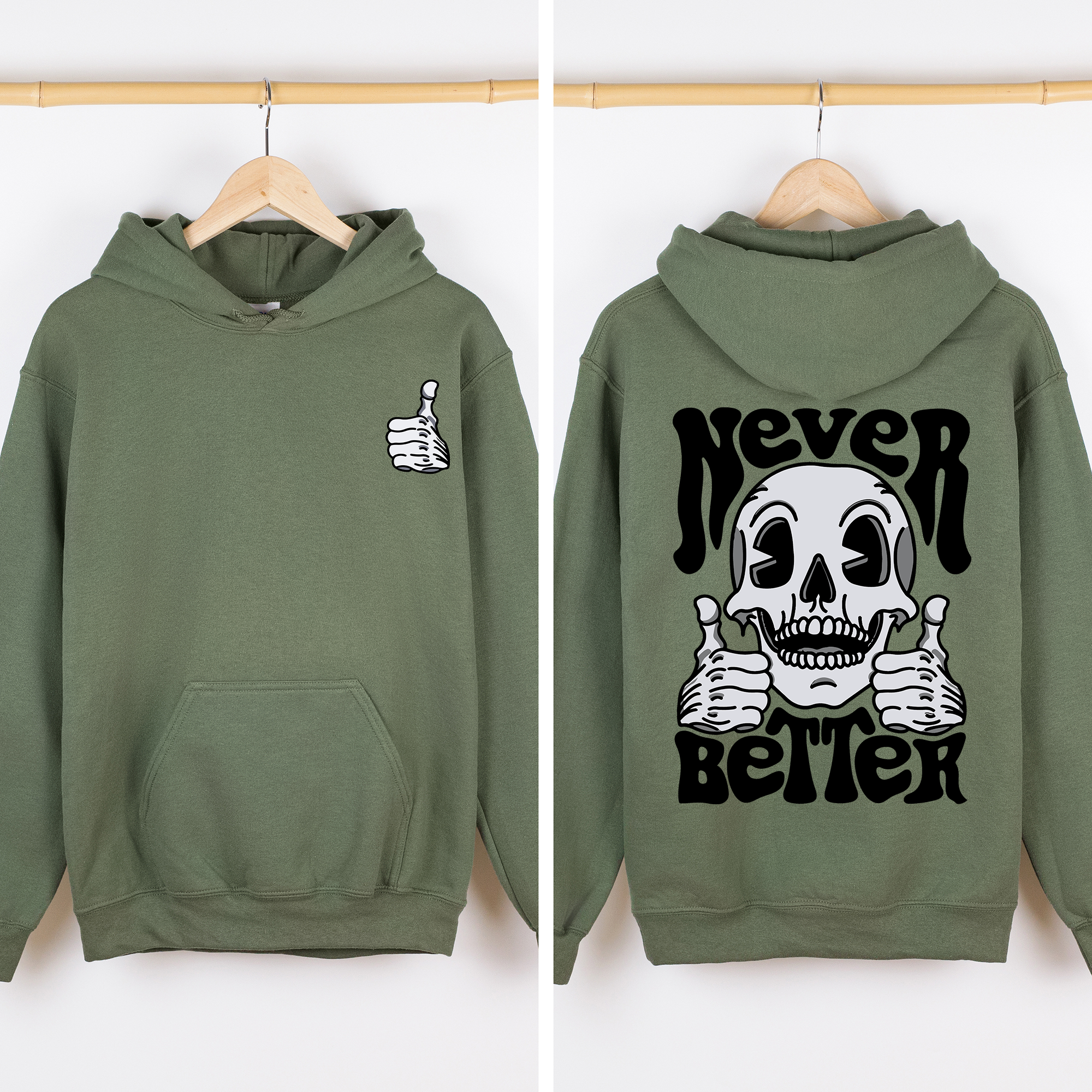 Never Better Skeleton Thumbs Up Vibe Mood Vintage-Inspired Premium Cozy Graphic Hoodie