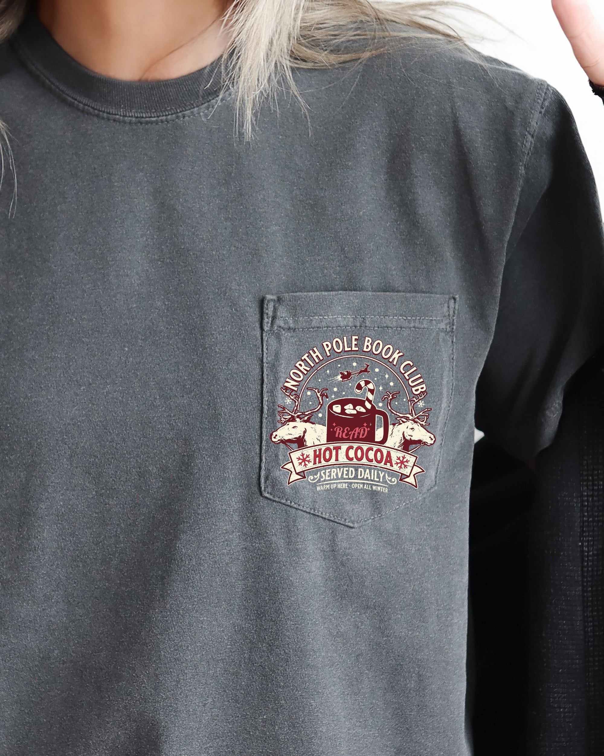 North Pole Book Club Pocket Hot Cocoa Christmas Winter Snow Reindeer Santa Xmas Comfort Colors Tee